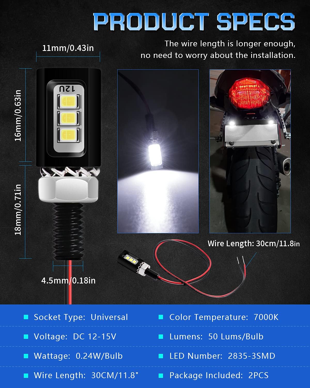 Alopee 1-Set (2pcs) White LED License Plate Light Assembly, Screw Bolt License Plate Lamp, Black Aluminum Body, Waterproof LED Bulb for Car Motorcycle Truck RV ATV Bike, DC 10-15V, 3SMD 2835 Chips.