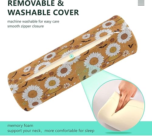 Miniatura 4 de FRODOTGV Boho Retro Halloween Bats Floral Orange Decorative Bolster Pillows for Sofa Neck Roll Pillows for Pain Relief Round Pillow Chair Cushion