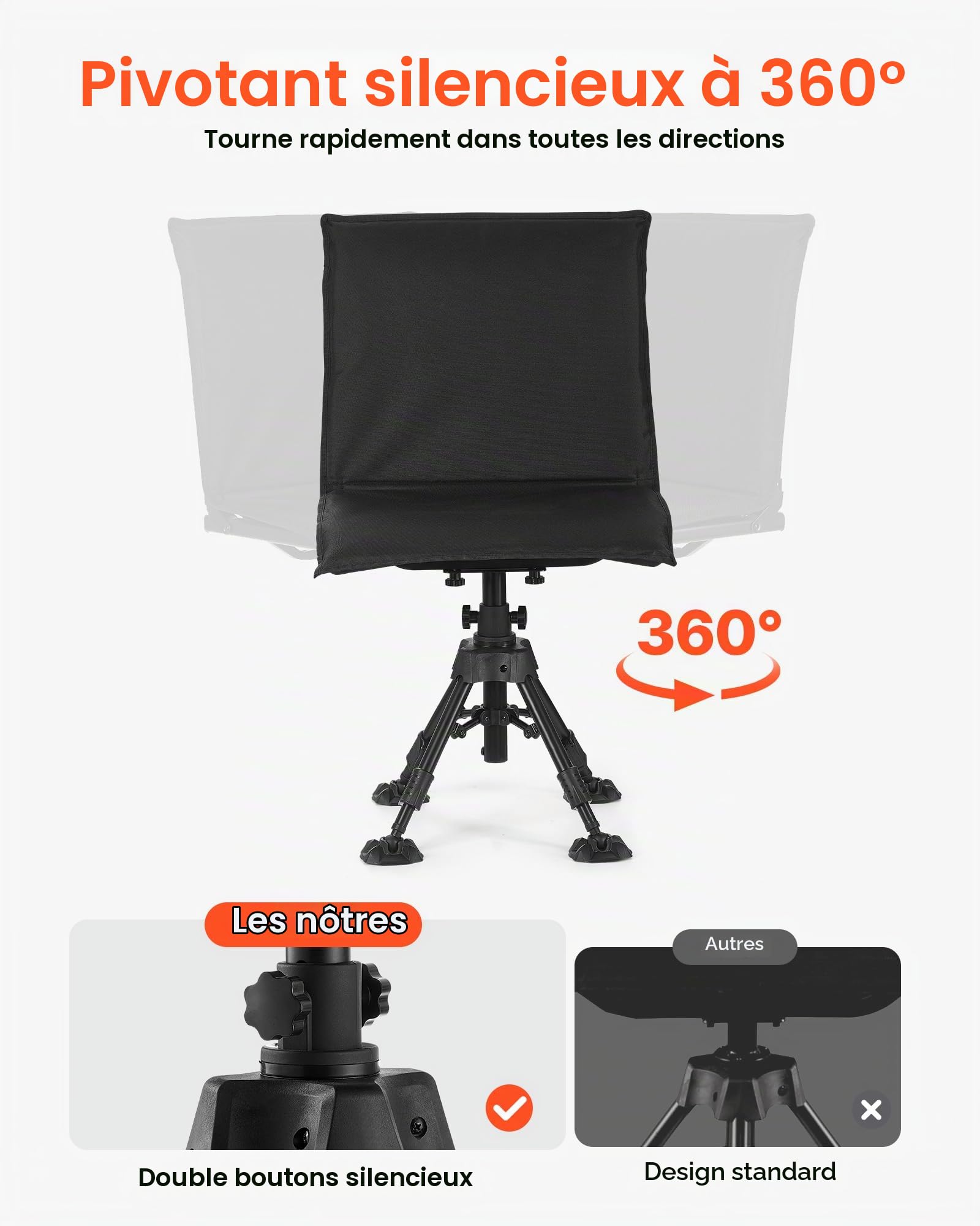 VEVOR Chaise de Chasse Silencieuse Pivotante à 360°, Siège de Chasse Pliable et Portable, Cadre en Acier Robuste, avec Housse, Pieds Anti-enfoncement, Hauteur Réglable, pour Pêche et Camping