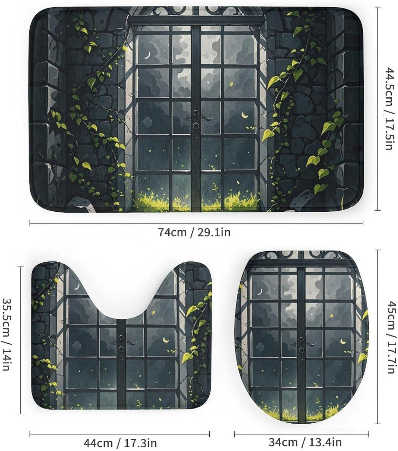 Spooky and Broken Shower Curtain Set 4 Piece, Non-Slip Bath Mat with Toilet Lid Cover and Waterproof Shower Curtain with 12 Hooks, Complete Bathroom Set for Home Decor