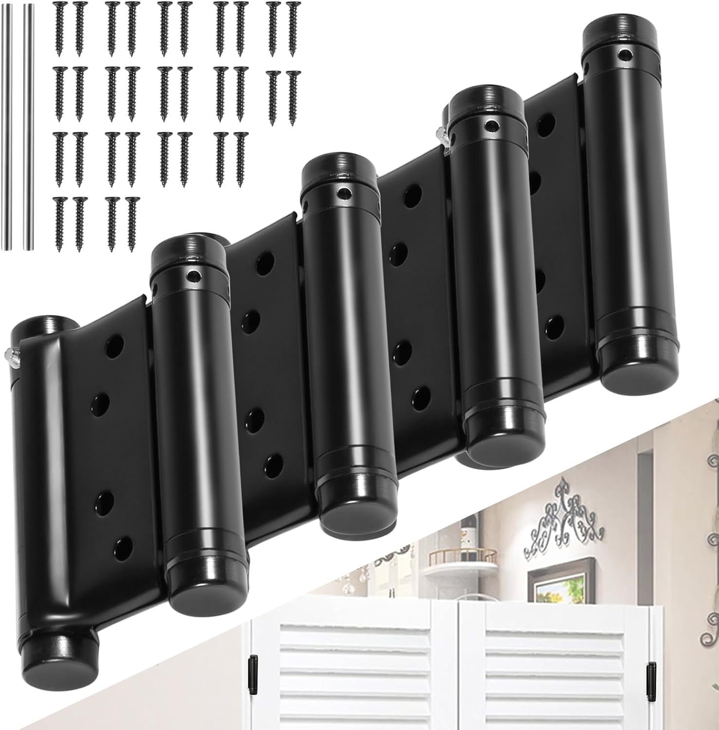 6 Inch Double Action Spring Hinge, 201 Stainless Steel, Cafe Salon Door Self-Closing Door Hinges with Pins and Screws (4-Pack) (Black, 6 inches)