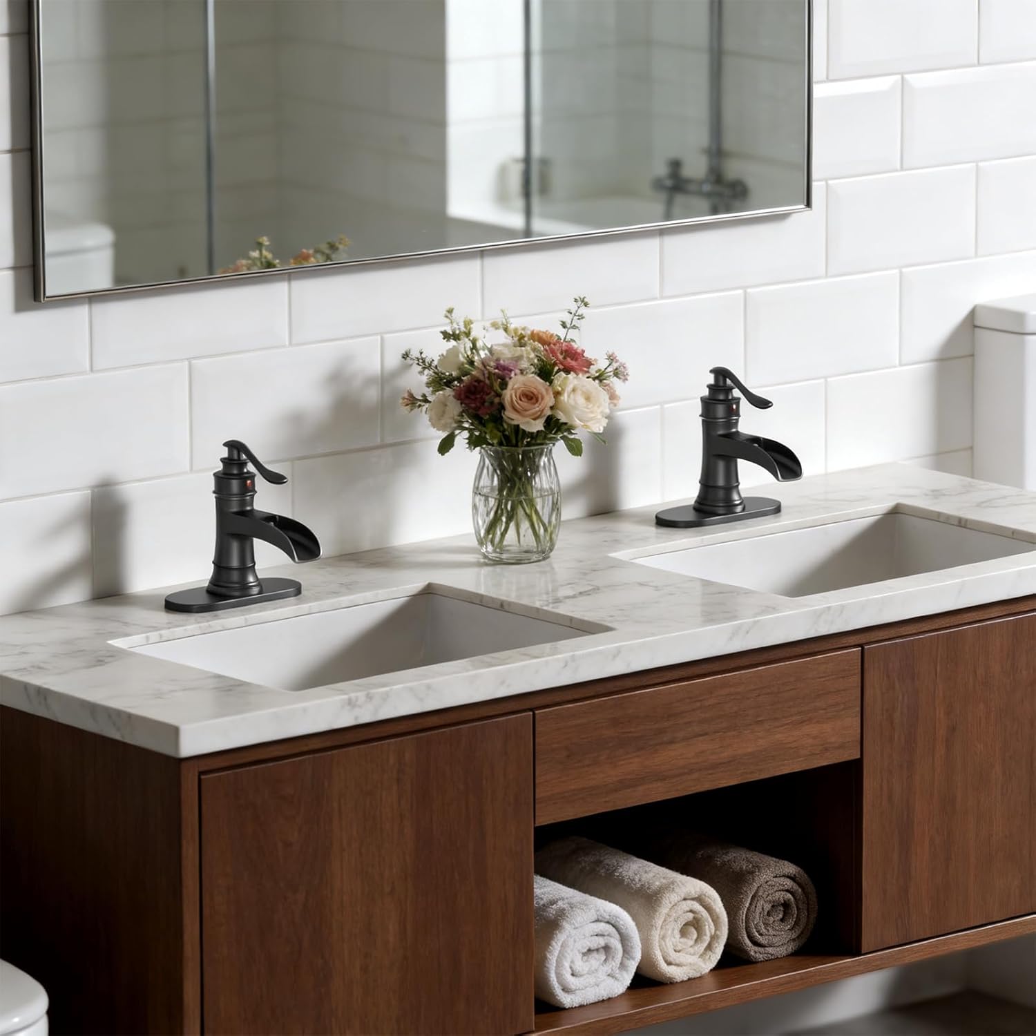 Bathroom Sink Faucet Single Handle Black Waterfall Bathroom Faucet Single Hole Basin Tap Vanity Deck Mount with Supply Hose Lines, Matte Black