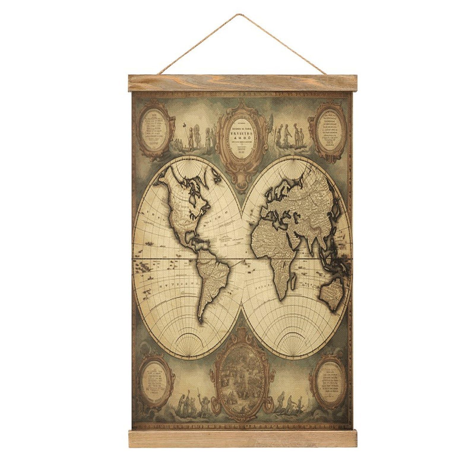 JTREHY World Map Linen Hanging Painting Vintage Poster Wall Art Prints Personality Style Wall Hanging Poster for Living Room Office Bedroom Decor Frame 13.2 X 20.47 Inch