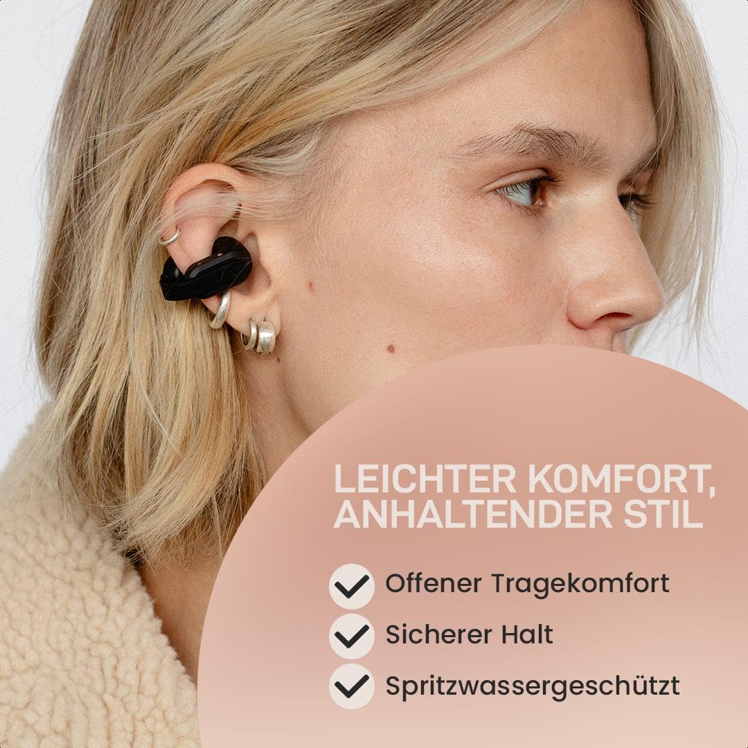 sudio B3 True Wireless Kopfhörer Kabellos Bluetooth 6.0 | Offene Clip-On Earpods | Multipoint Verbindung | 30h Spielzeit | Touch Steuerung | Schweiß & Spritzwassergeschützt | USB-C Ladecase | Schwarz