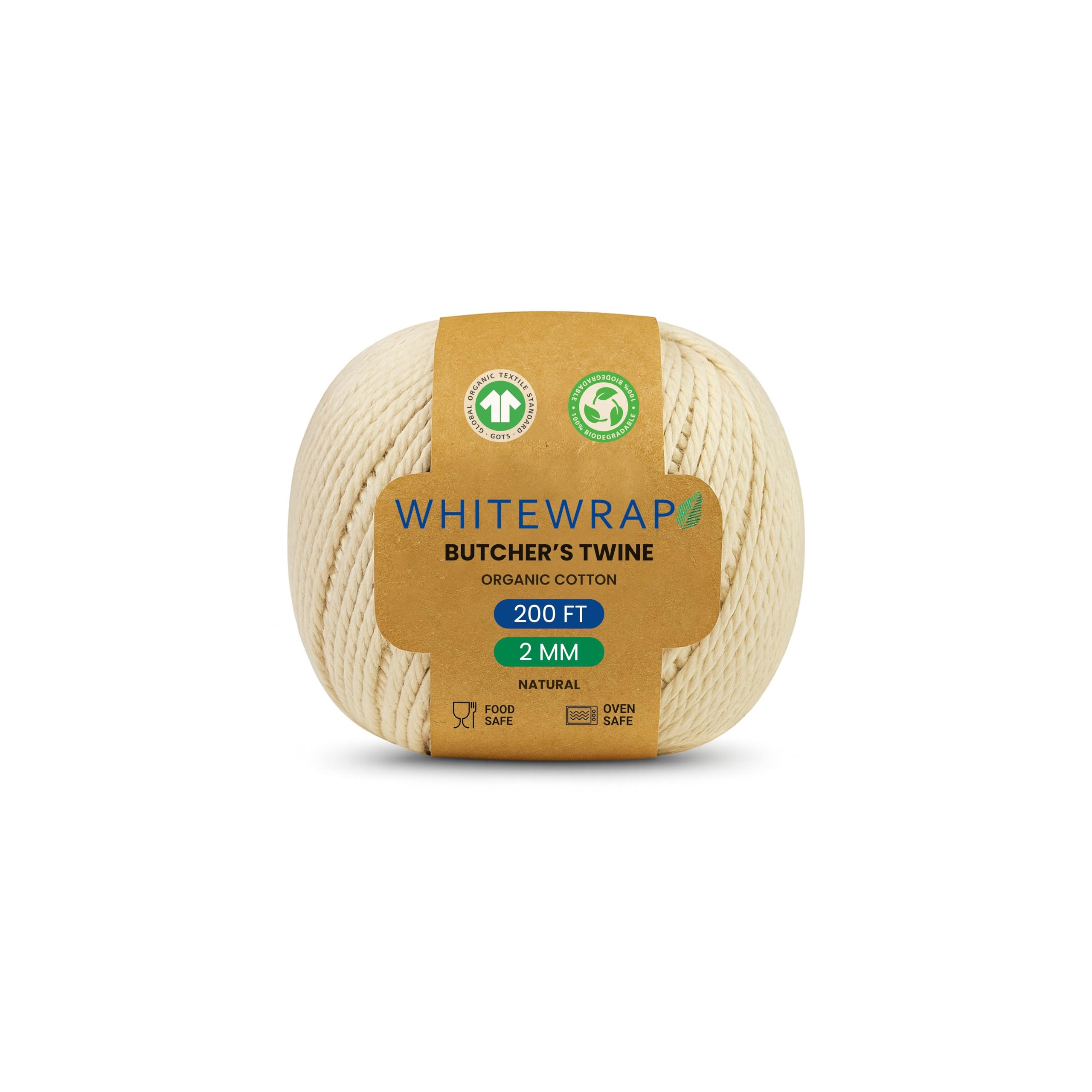 Organic Butchers Twine | 2mm Natural Cotton, 200 Feet – Oven-Safe for Turkey Trussing, Meat Roasting &amp; Baking | Strong &amp; Versatile for Cooking, Crafts &amp; Gift Wrapping