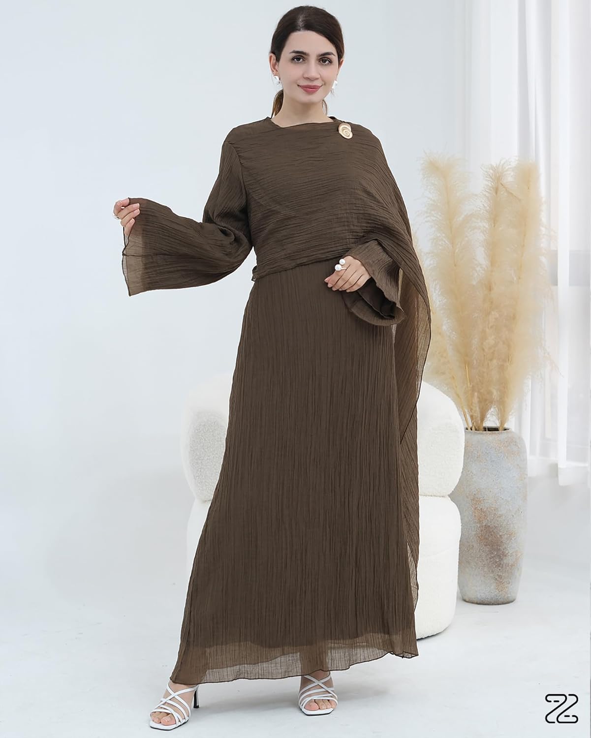 Elegant Muslim Dress for Women, Solid Color Double Layer Abaya with Attached Shawl & Back Zipper, Belted Modest Maxi Gown - Image 2