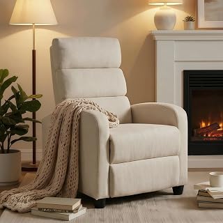 Furnimart Small Manual Recliner Chair for Small Spaces, Overstuffed Chenille Reclining Chair with Chunky Cushion, Comfortable Single Sofa Recliner for Adults, Living Room, Bedroom, Home Theater, Beige