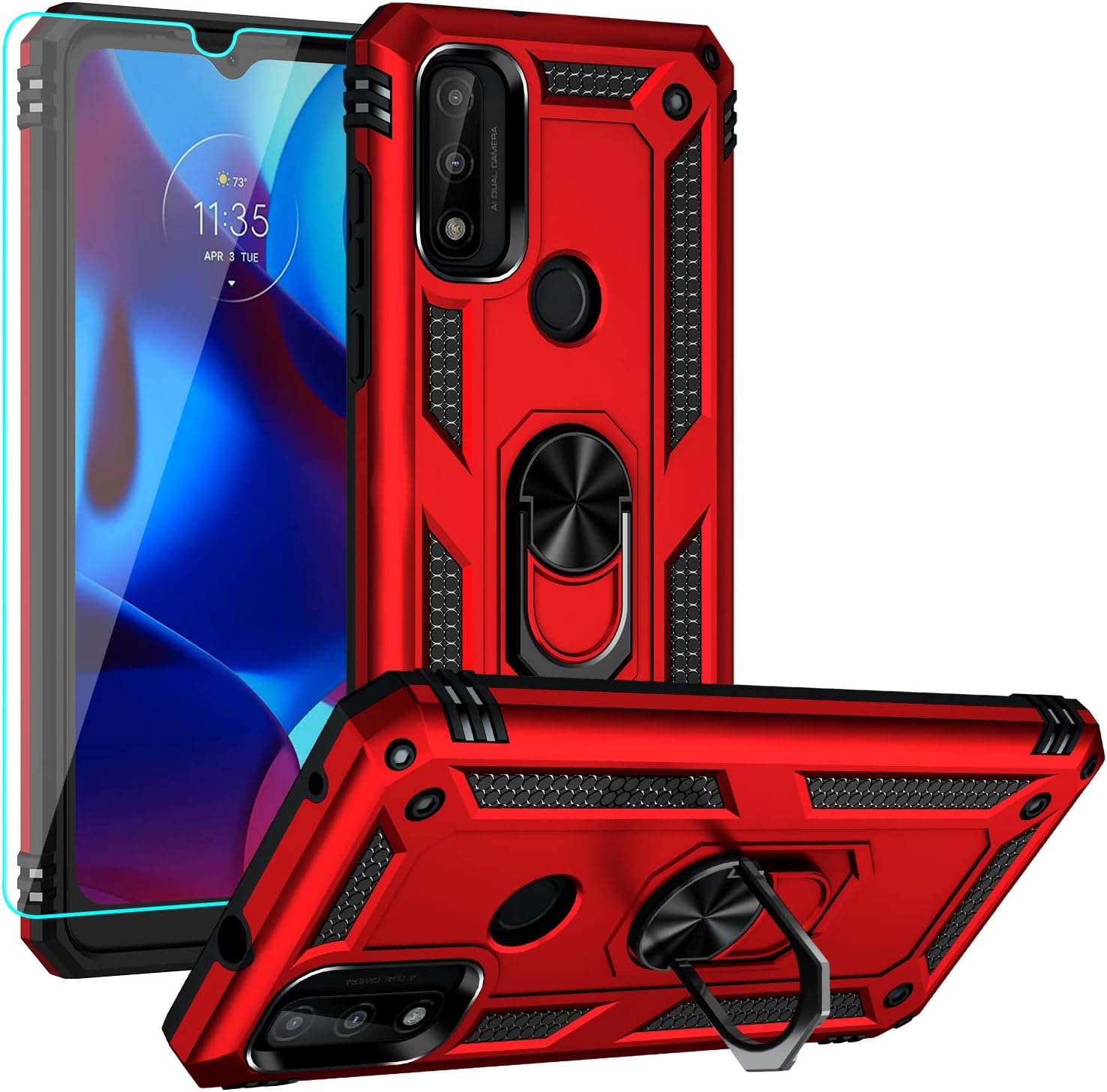for Moto G Pure Phone Case, with HD Screen Protector,[Military Grade] Ring Car Mount Kickstand Hybrid Hard PC Soft TPU Shockproof Protective Case for Moto G Pure (Red)