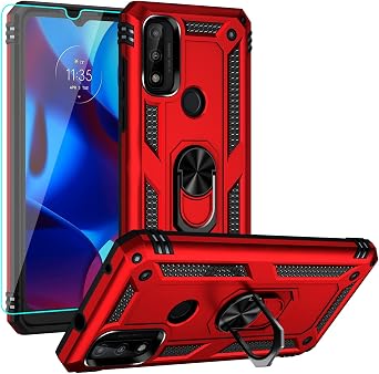 for Moto G Pure Phone Case, with HD Screen Protector,[Military Grade] Ring Car Mount Kickstand Hybrid Hard PC Soft TPU Shockproof Protective Case for Moto G Pure Red
