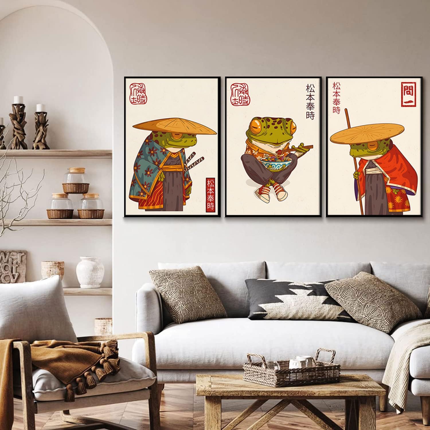 3Pcs Vintage Japanese Frog Wall Art Cute Funny Japan Samurai Frog Posters Prints Japanese Matsumoto Hoji Painting Pictures Eclectic Animal Canvas Wall Decor Unframed (green, 16x24 Unframed)