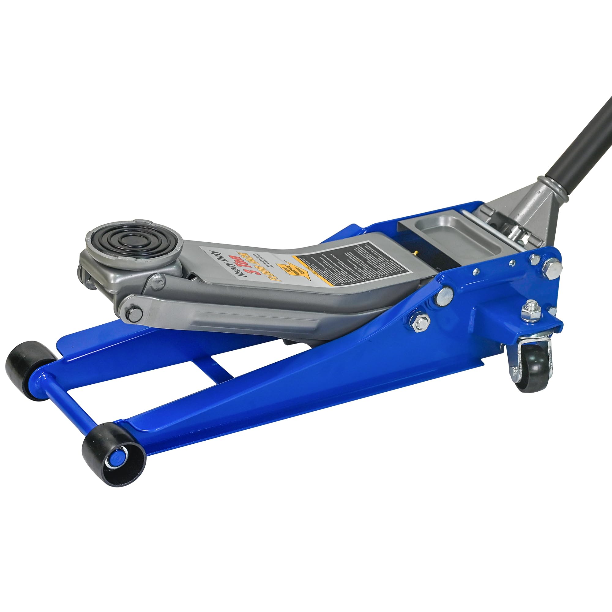 Cric idraulico a carrello 3T, con pompa a doppio pistone, altezza di sollevamento 75-505 mm, ruote girevoli a 360°, blu/argento, per auto e SUV