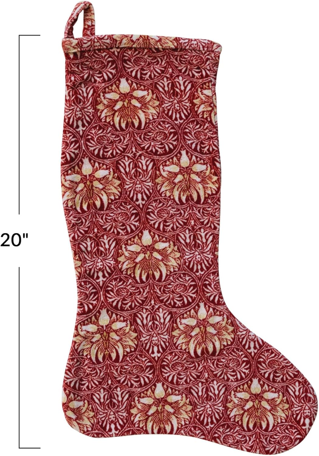 Creative Co-Op Cotton Velvet Printed Stocking with Floral Pattern, Red and Gold Color