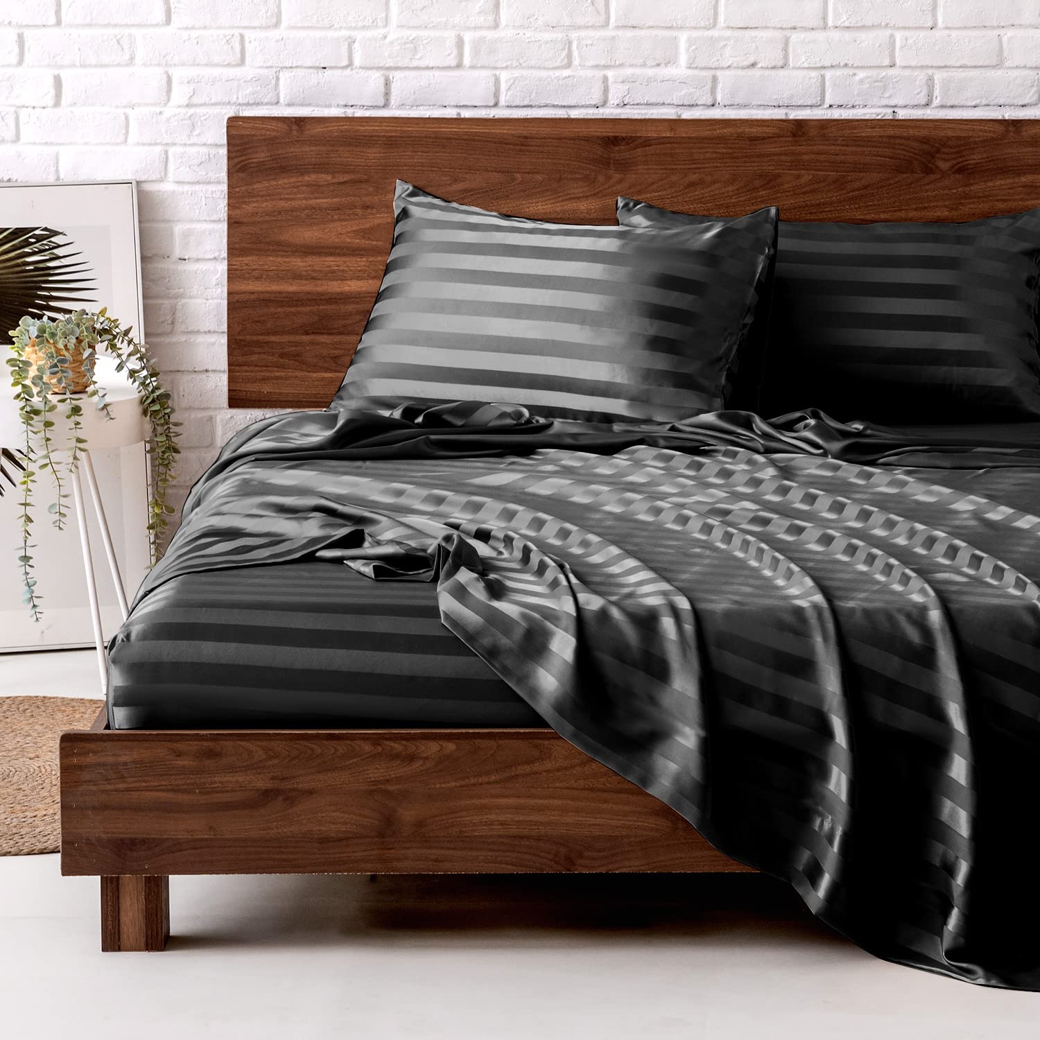 MR&HM Satin Bed Sheets, Queen Size Sheets Set, 4 Pcs Silky Bedding Set with 15 Inches Deep Pocket for Mattress(Queen, Dark Grey Striped)