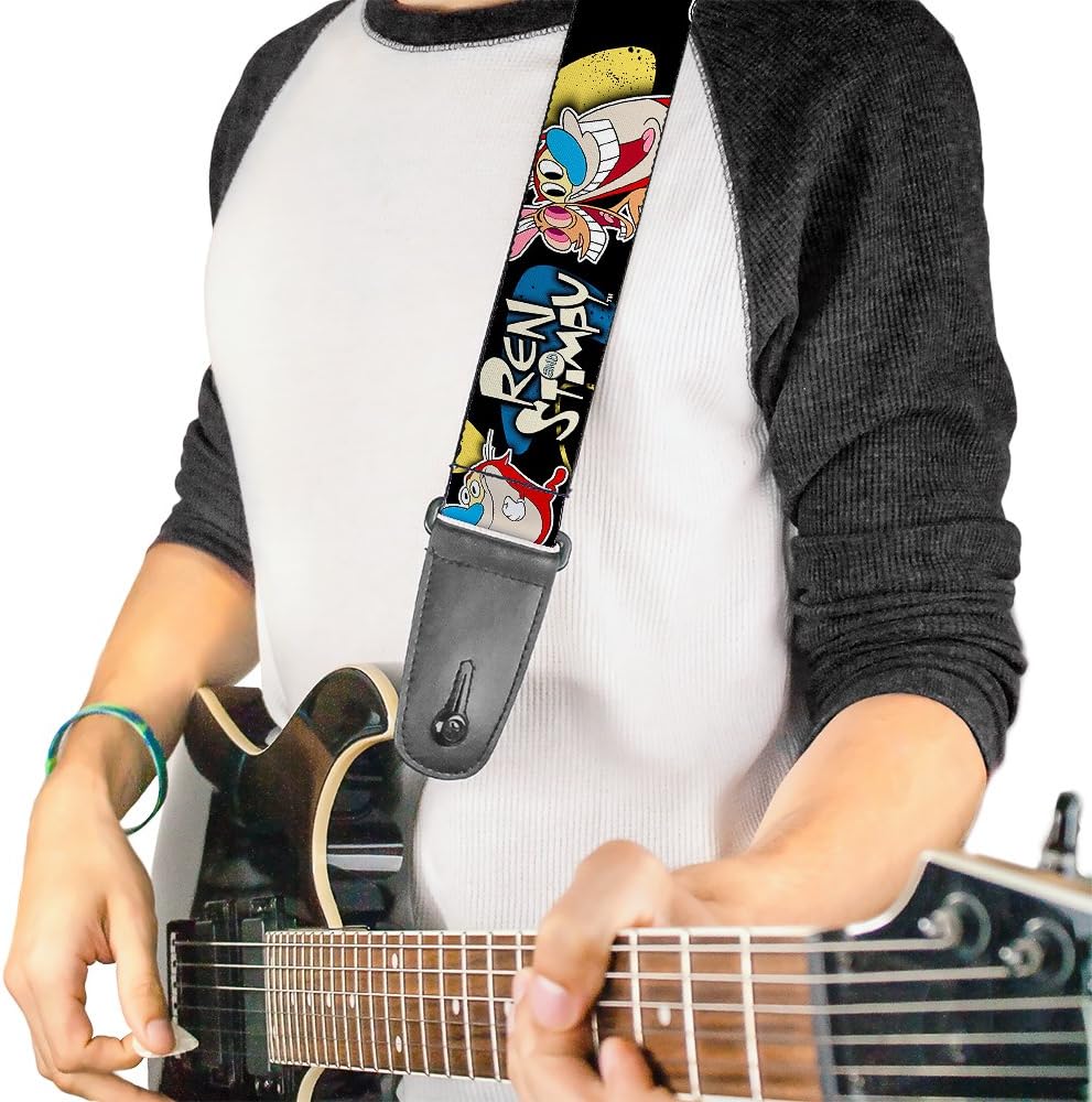 Nickelodeon Buckle-Down Guitar Strap - REN & STIMPY Poses Black/Blue/Yellow - 2" Wide - 29-54" Length