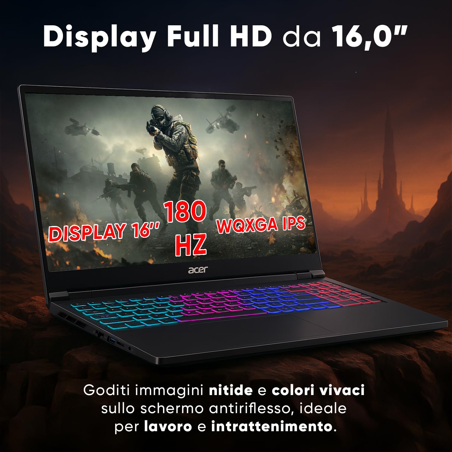 Acer Nitro V 16 AI Notebook Gaming AMD Ryzen AI 7 260, NVIDIA GeForce RTX 5060 8GB GDDR7, 32GB DDR5, 1TB SSD NVMe, Display 16" WQXGA 2560x1600 180Hz IPS, Tastiera RGB, WiFi 6E, Windows 11