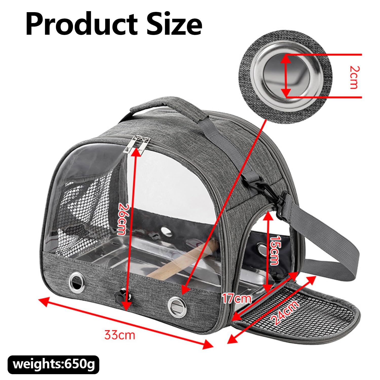 Bolsa de transporte para pájaros, portátil, transpirable, jaula de viaje con bandeja y postes de acero inoxidable, apto para pájaros, animales pequeños (gris)
