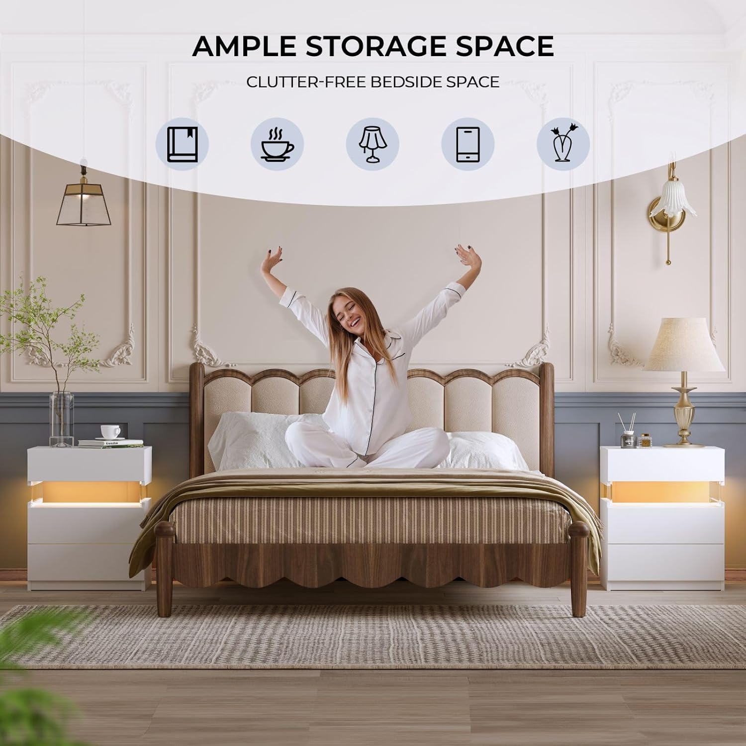 White LED Nightstand Set of 2,Night Stand Set 2,Modern Night Stand with 3 Drawers,Night Stands for Bedroom Set of 2,Bedside Table Suitable for Small Spaces and Indoor use Capabilities