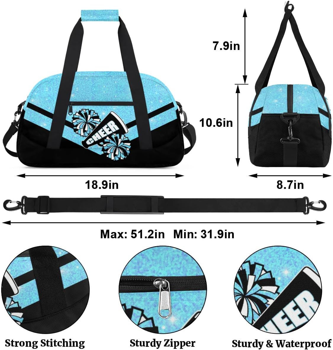 Cheerleading Kids Duffel Bags for Girls - Blue Glitter Cheer Gym Bag Dance Duffel Bag for Travel Weekender Practice Gymnastics Ballet School Sport Sleepover Bag - Image 2