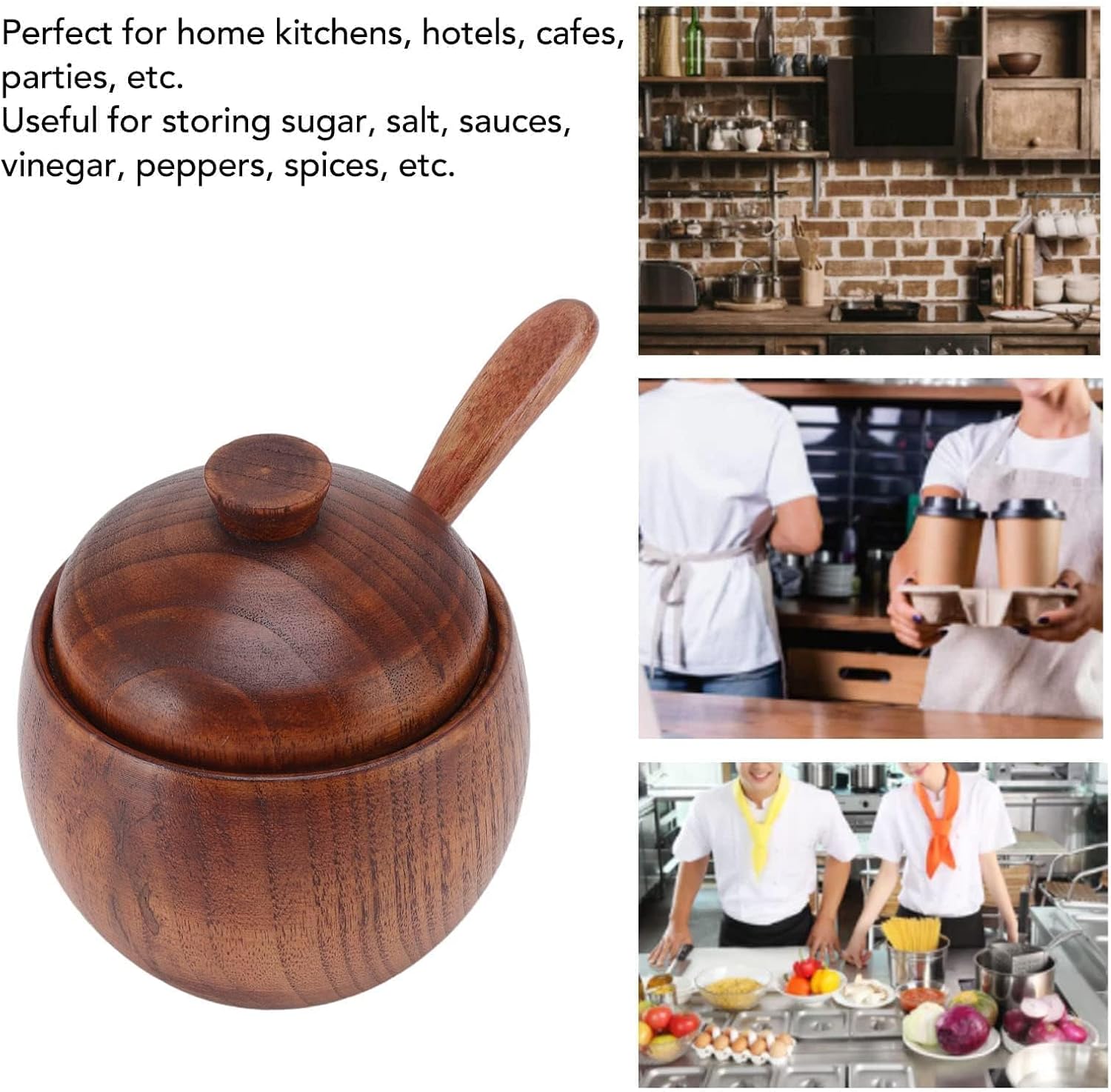 Wooden Salt Box with Lid Spoon, Sugar Bowl Seasoning Container Holder Salt Spice Jar Box Salt Keeper, Pepper, Tea Container for Kitchen Countertop Restaurant