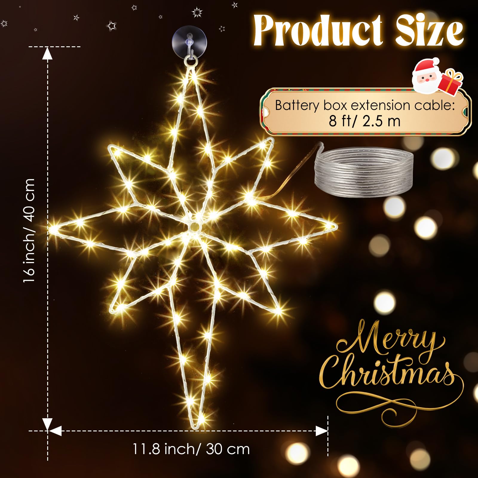 Hiboom Grande décoration lumineuse de Noël de 40,6 cm, 8 modèles 3 en 1 de Bethléem - Silhouette de fenêtre de Noël - 60 LED à piles - Décoration pour fenêtre