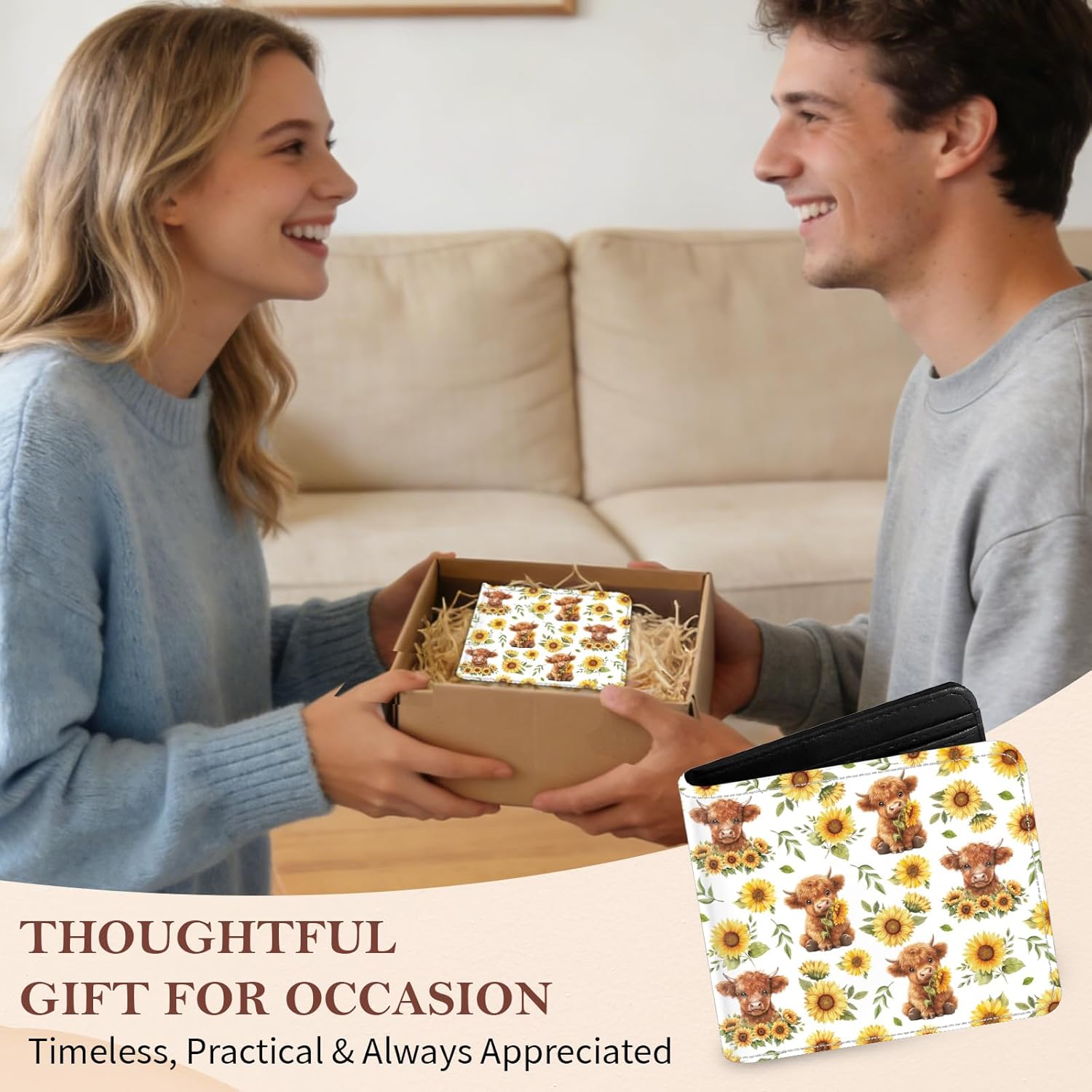 Yak Bifold Wallet for Men, Women, Sunflower PU Leather Small Slim Coin Pocket Wallet with ID Window, Gift for Female Ladies, White - Image 7