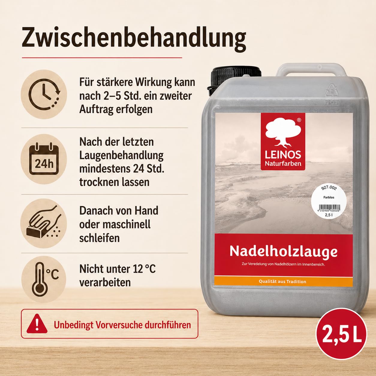 LEINOS 927 Nadelholzlauge Farblos 2,50 l – Veredelung für Kiefer & Fichte im Innenbereich – Stoppt Vergilbung, bewahrt natürliche Optik – Für Böden, Möbel & Decken – Ergiebig & natürlich