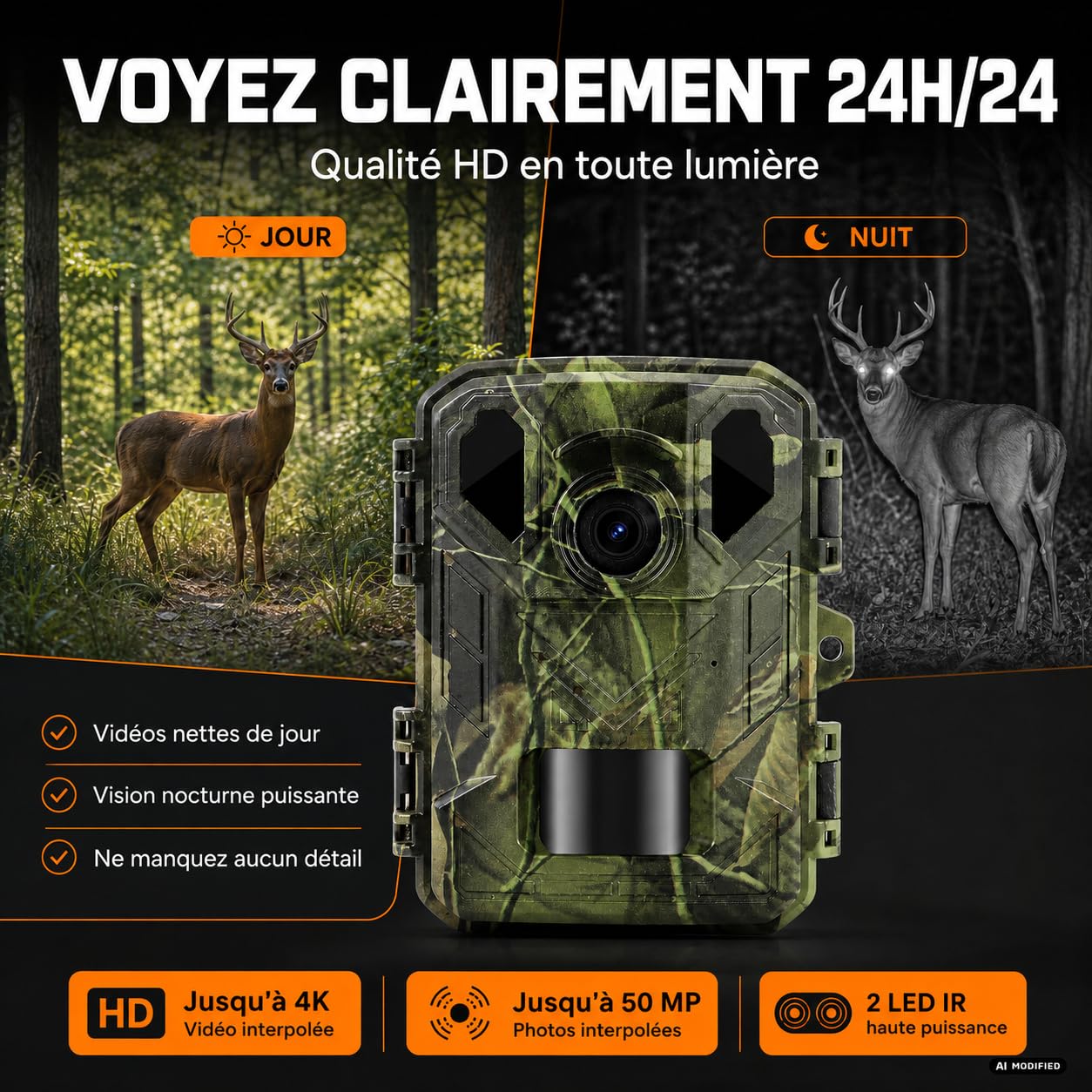 Denver Caméra de Chasse 4K 50MP, Piège Photo Animaux Vision Nocturne | 4K interpolée, 50MP interpolés, PIR 20m, Vision nocturne IR, 120°, LCD 2", IP66, MicroSD, 4xAA