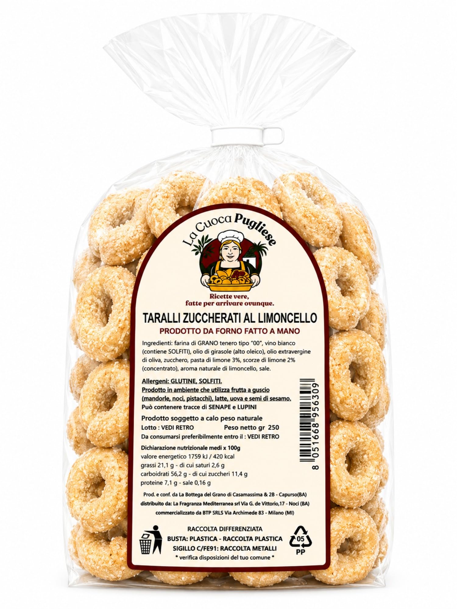 La Cuoca Pugliese - Tarallini Zuccherati al Limoncello, dolci artigianali pugliesi, snack dolce da forno al gusto limoncello, confezione da 10 x 250 g, specialità pugliese