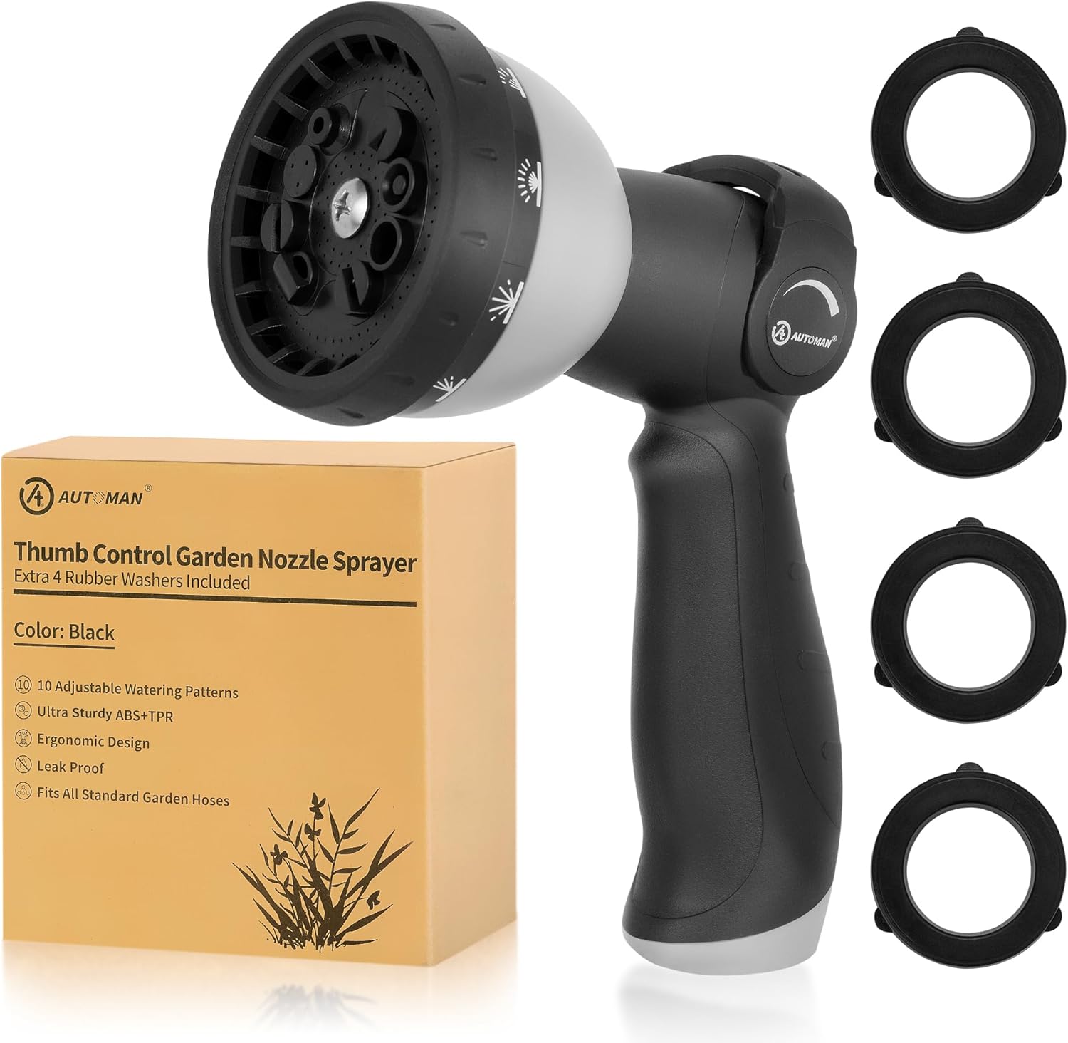 AUTOMAN Garden Hose Nozzle - 10 Adjustable Spray Patterns, Thumb Flow Control Hose Sprayer, Water Hose Spray Nozzle for Plants Watering, Car Washing, Window Cleaning, Pets Bathing, Outdoor Fun, Black (Black) Thumbnail