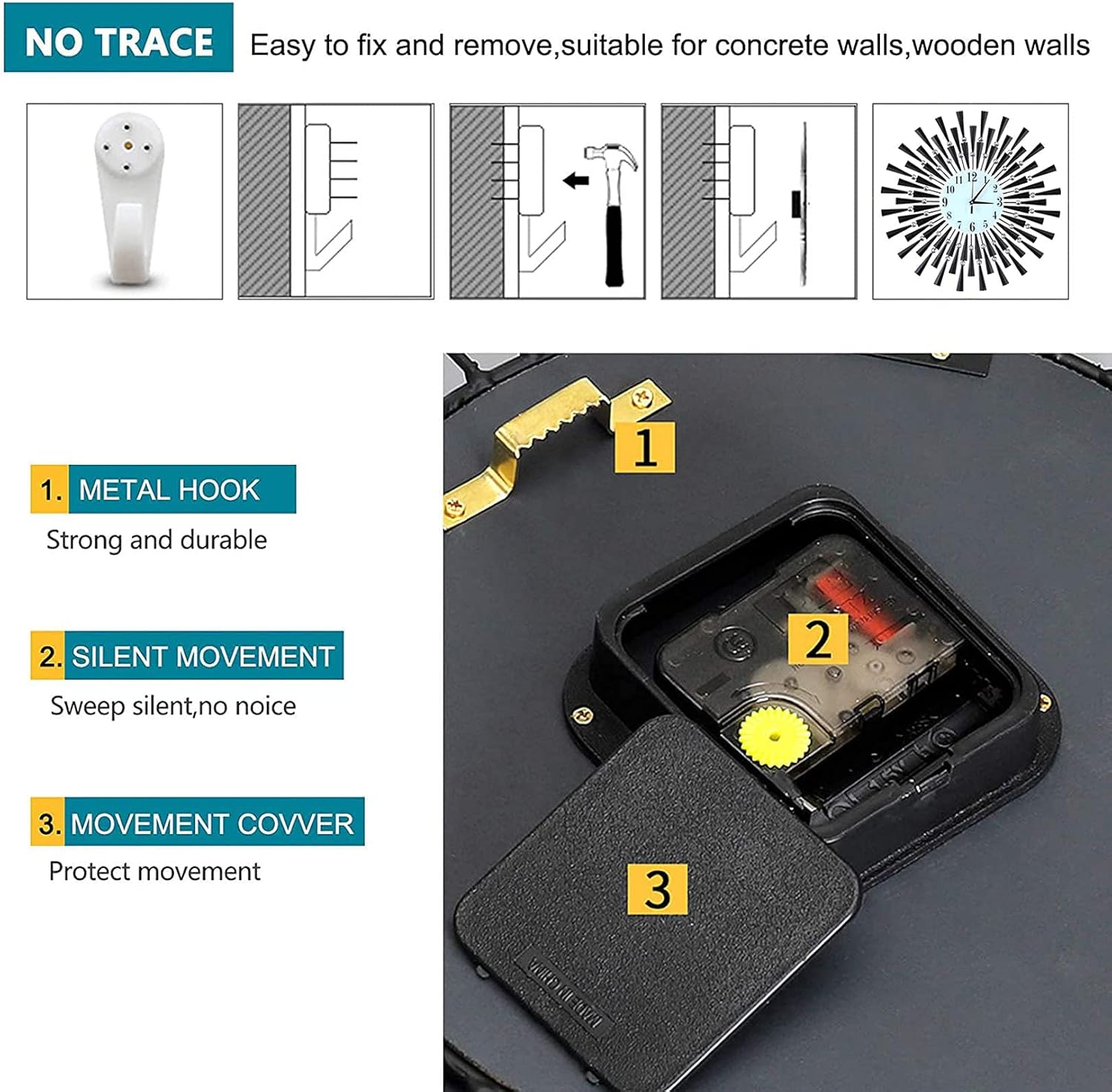 Large Wall Clock Decorative Wall Clocks 3D Non-Ticking Silent Quartz Clocks with Arabic Numerals for Living Room Home Kitchen Decor