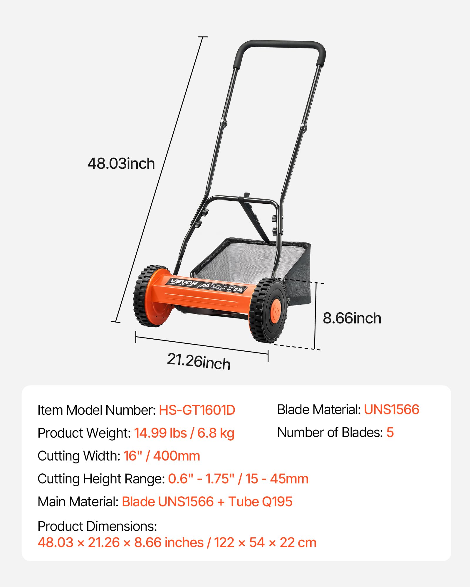 VEVOR Kosiarka do trawy z kołowrotkiem 40 cm, 5 ostrzy, ręczna kosiarka bez silnika, regulowana wysokość koszenia 1,5-4,4 cm, kosiarki z torbą na trawę, do zielonych trawników, podjazdów, dziedzińców