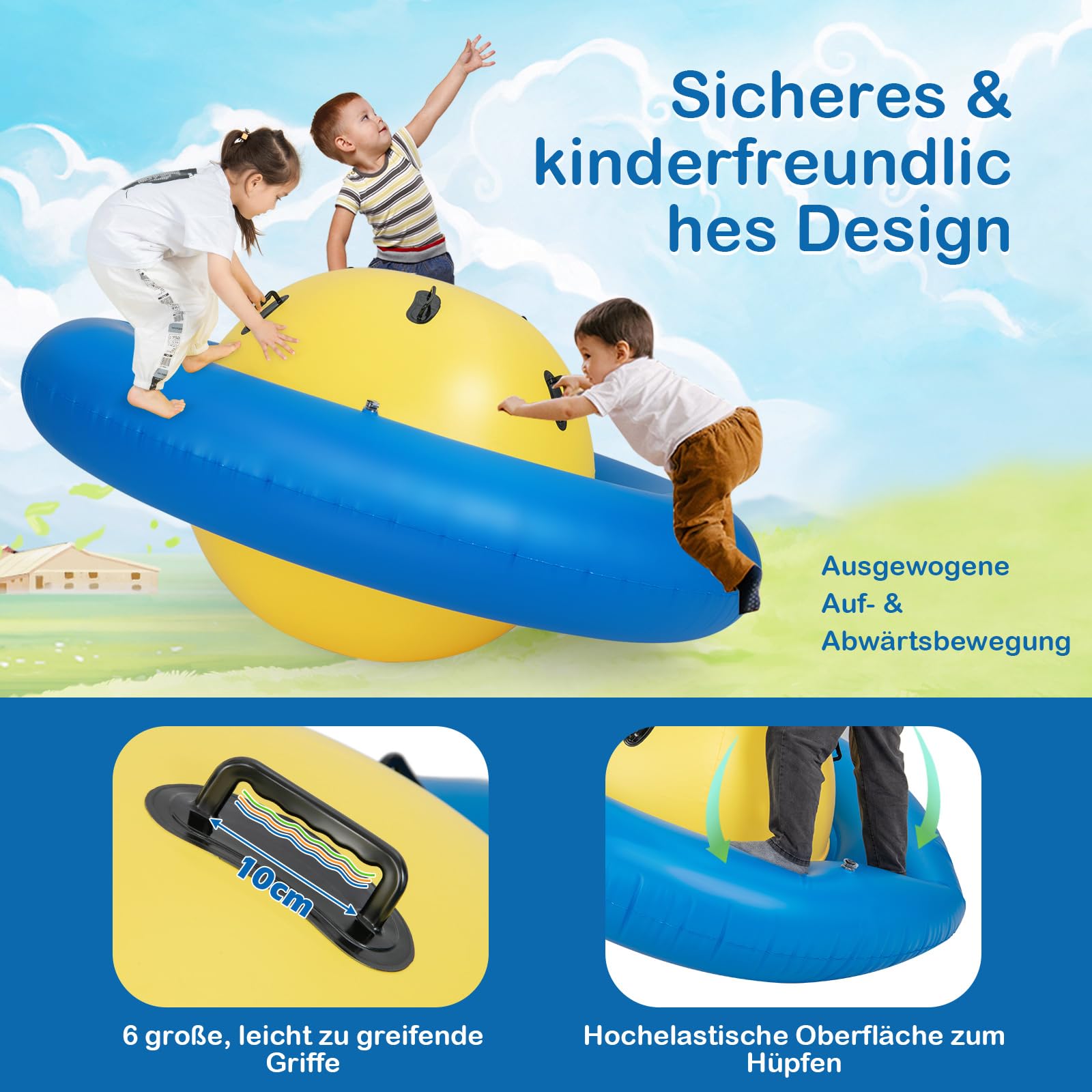 COSTWAY Aufblasbare Kuppelwippe für Kinder, 223 cm große Kinderwippe zum Rollen, Neigen, Klettern & Hüpfen mit 6 integrierten Griffen, Outdoor-Wippe für Kinder ab 5 Jahren (Gelb + Blau)