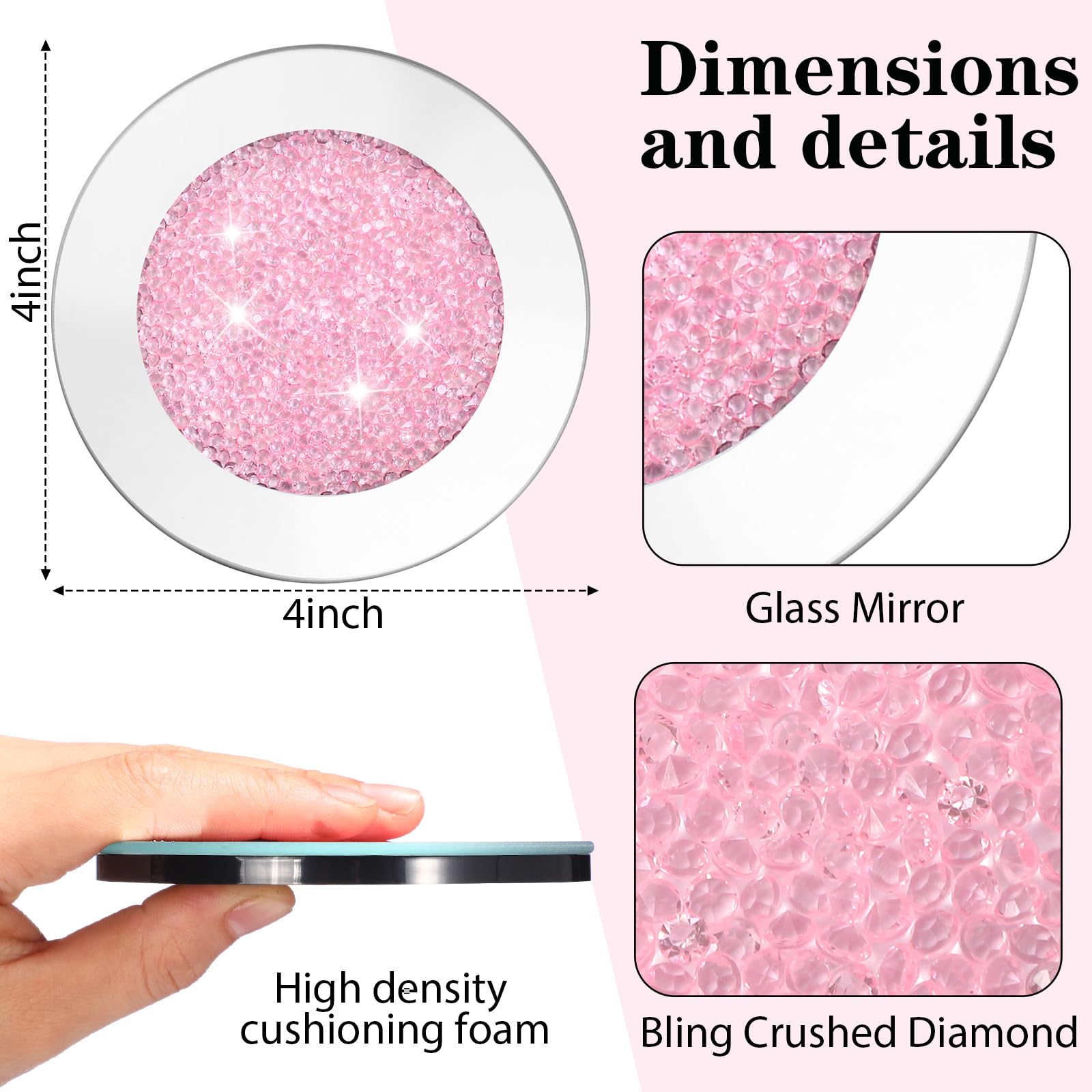 Jetec Mirrored Glass Coaster Set of 6 with 1 Holder 4" Crushed Diamond Round Cup Mat Glitter Crystal Rhinestone Glass Coaster Bling Table Decor for Bar Kitchen Gift for Christmas(Pink,4 Inch) - Image 3