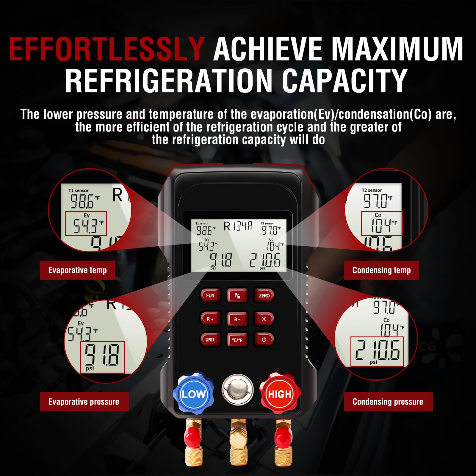 AMF-300 Manometro Digitale di Gas Refrigerazione, Manometro Per Vuoto Condizionatori per 93 tipi di refrigeranti con 2 morsetti di temperatura e tubi flessibili da 3000 PSI, HAVC Gigitale