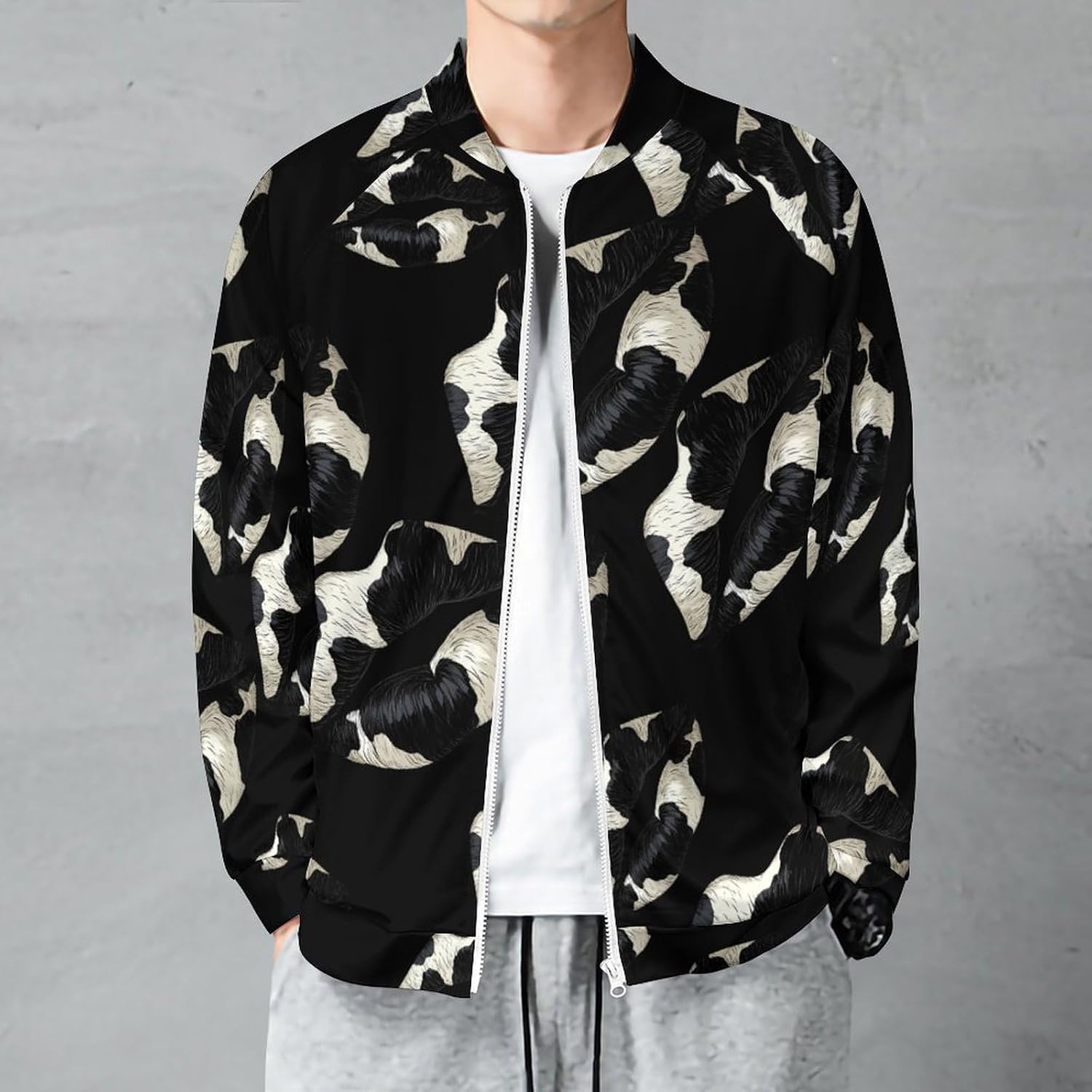Black White Kiss Lips Men's Zip Up Sweatshirt Casual Sweater Jackets Long Sleeve Tops Lightweight Coat