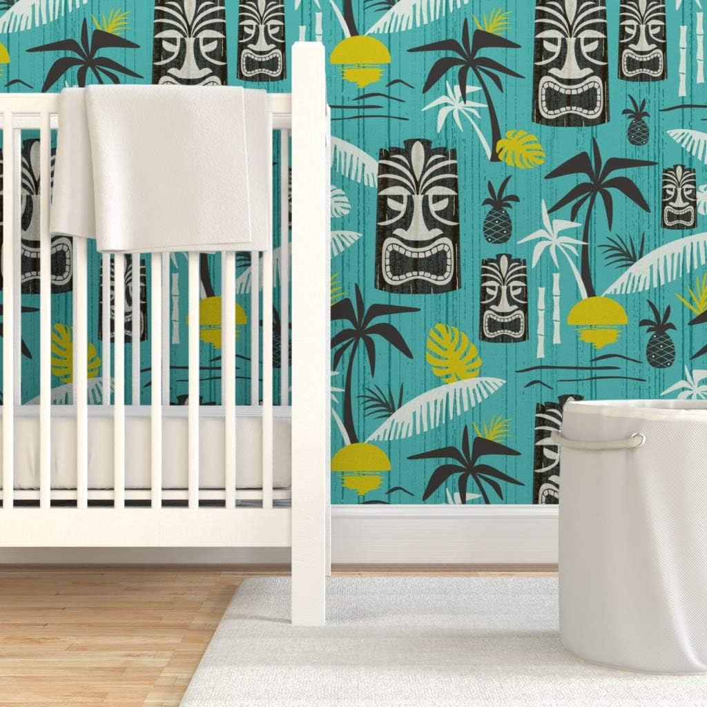 Peel & Stick Wallpaper 9ft x 2ft - Midcentury Modern Tiki Kitsch Aqua Vintage Retro Style Beach Tropical Custom Removable Wallpaper by Spoonflower