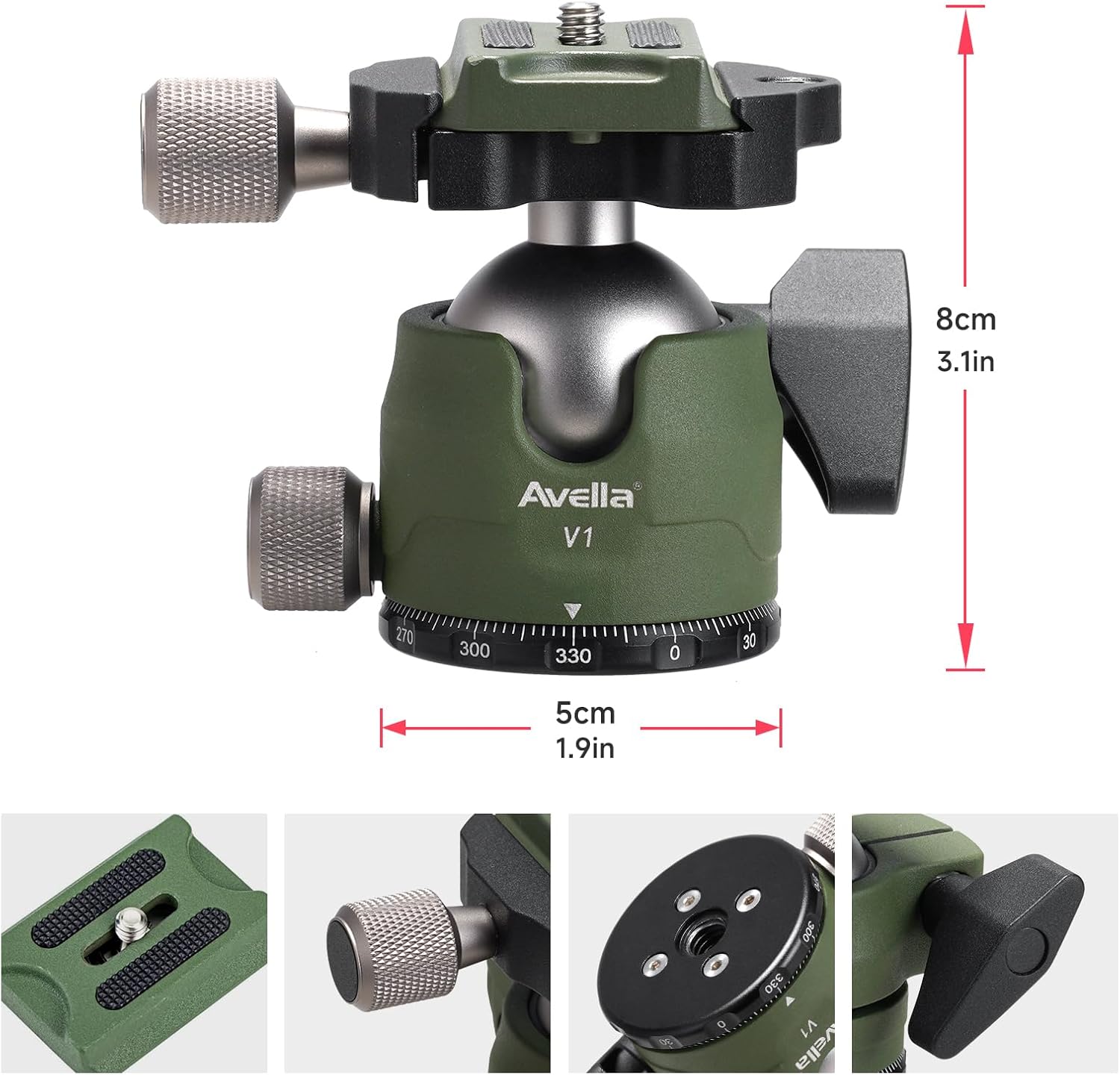 Avella V1 DSLR Camera Tripod Ball Head 38MM, 360 Degree Swivel,U-Shaped Groove Design, for Canon Nikon Sony Olympus Panasonic DSLR Camera-Green