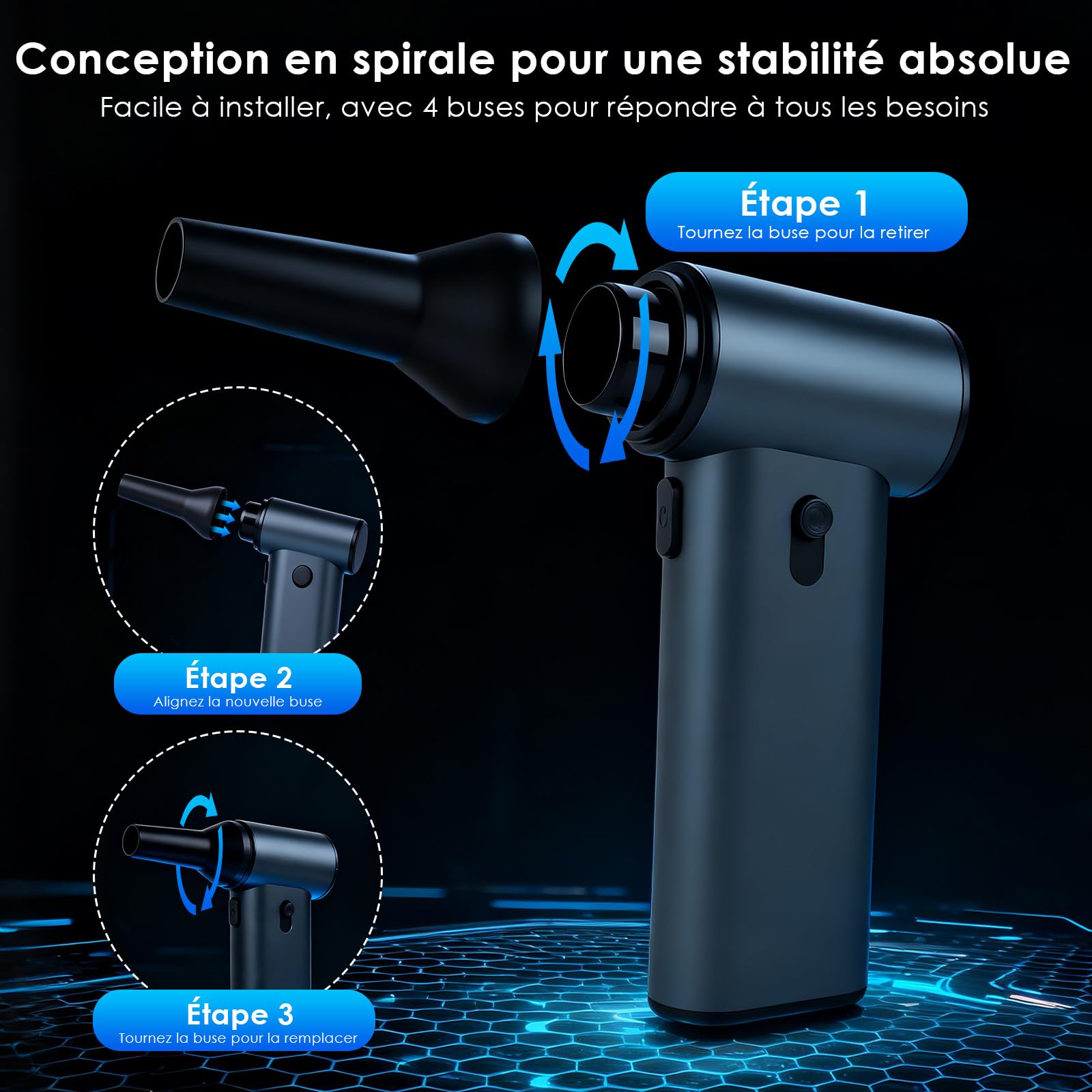 Souffleur Air Comprimé, Alliage d'aluminium 180000 TR/Min Souffleur PC Batterie 7800mAh, Ajustez à volonté Soufflette Air Comprimé, avec Kit de Brosses de Nettoyage, pour PC, claviers, voitures