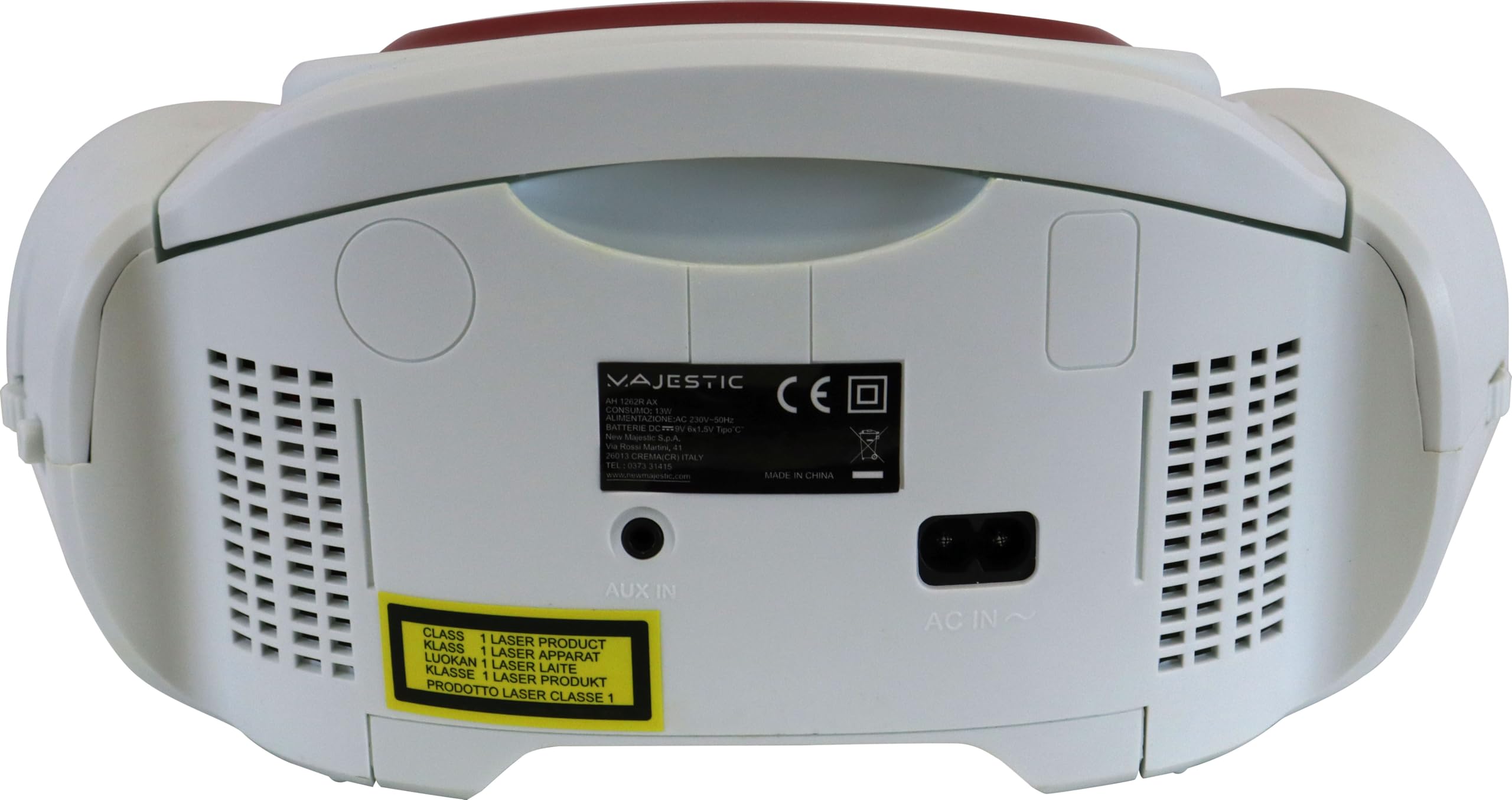Majestic AH 1262R AX - Boom Box Portatile con Lettore CD, Ingresso AUX-IN, doppia possibilità di alimentzione (cavo incluso, batterie non incluse) BiancoRosso)