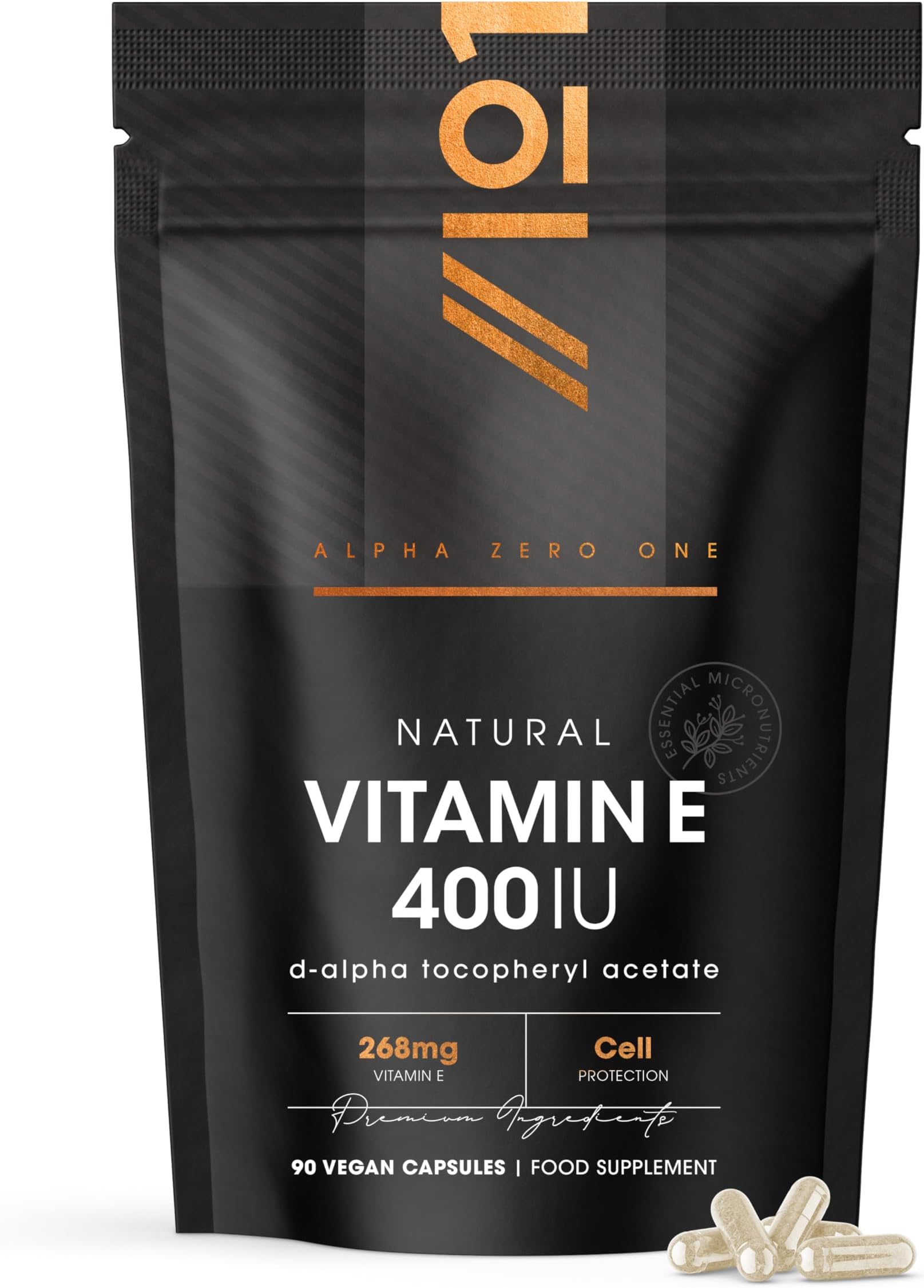 Vitamin E 400IU D-Alpha Tocopherol – 100% Natural Vitamin E – 90 Vegan Capsules – Highly Absorbable – 3 Month Supply – Protects Cells from Oxidative Stress – By Alpha01
