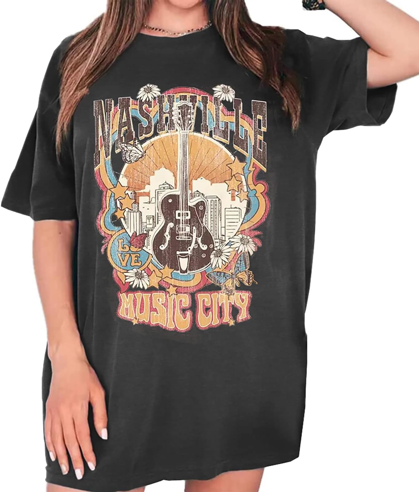 LINDOCITAWomens Graphic Oversized Tshirts Shirts Summer Loose Fit Nashville Country Music Short Sleeve Tees for Women