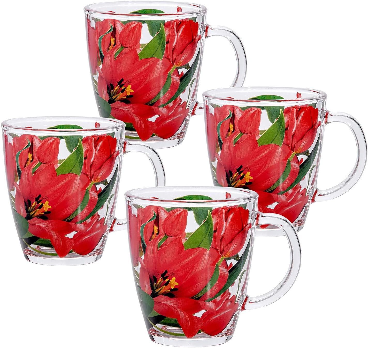 STP GOODS Glass Mug Set of 4, Transparent Large Coffee Mug with Handles for Hot Drinks, Clear Mugs for Tea, Cappuccino, Latte, Espresso, Juice, Glass Coffee Cups (Tulip)