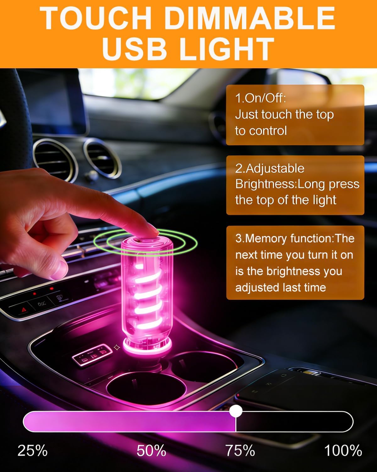 Touch Dimmable USB Car Ambient Light, Retro Spiral LED Interior Light, Mini Plug & Play Night Light for Car, Camping, Christmas Decor, Purple 2 Pack