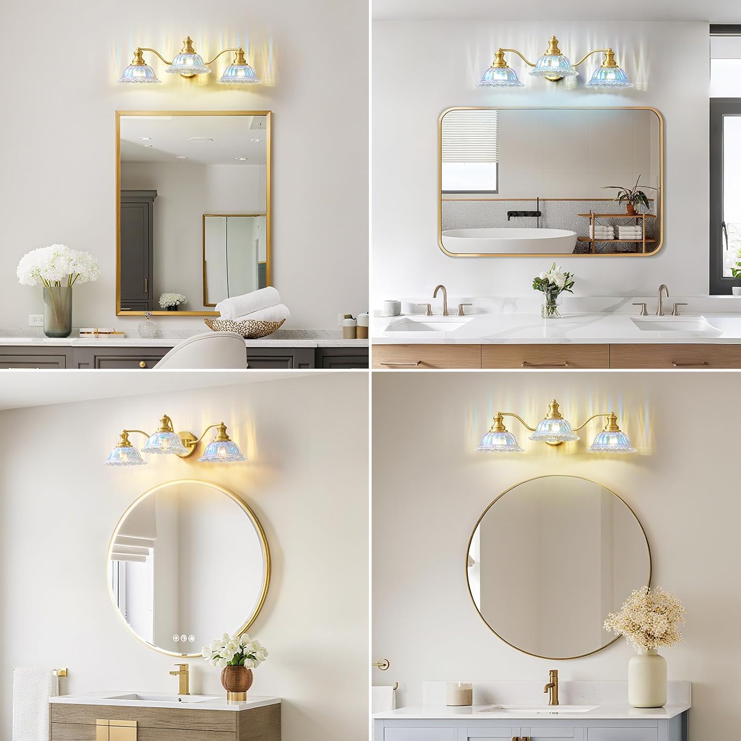 Vintage Bathroom Vanity Light Fixtures - 3-Light Iridescent Glass Art Deco Bathroom Lights Over Mirror,Brushed Gold Restroom Lighting, Mid Century Coastal Vanity Lights for Powder Room Bath Sink