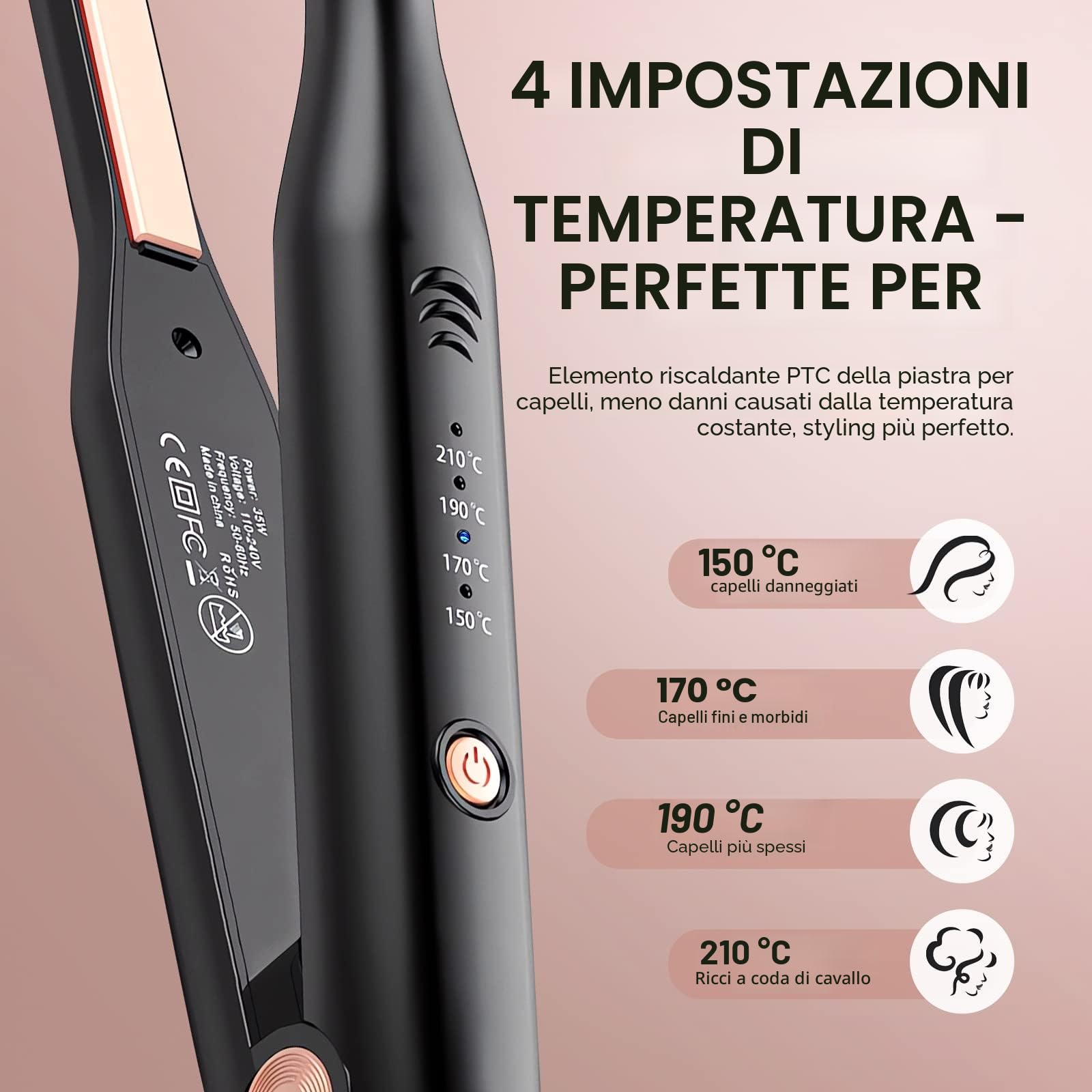 2in1 Mini Piastre per Capelli Corti in Ceramica, Mini Piastra per Capelli Corti, Portatile, Temperatura Regolabile 150℃-210℃, Doppia Tensione, Adatta per Uomini e Donne, Nero