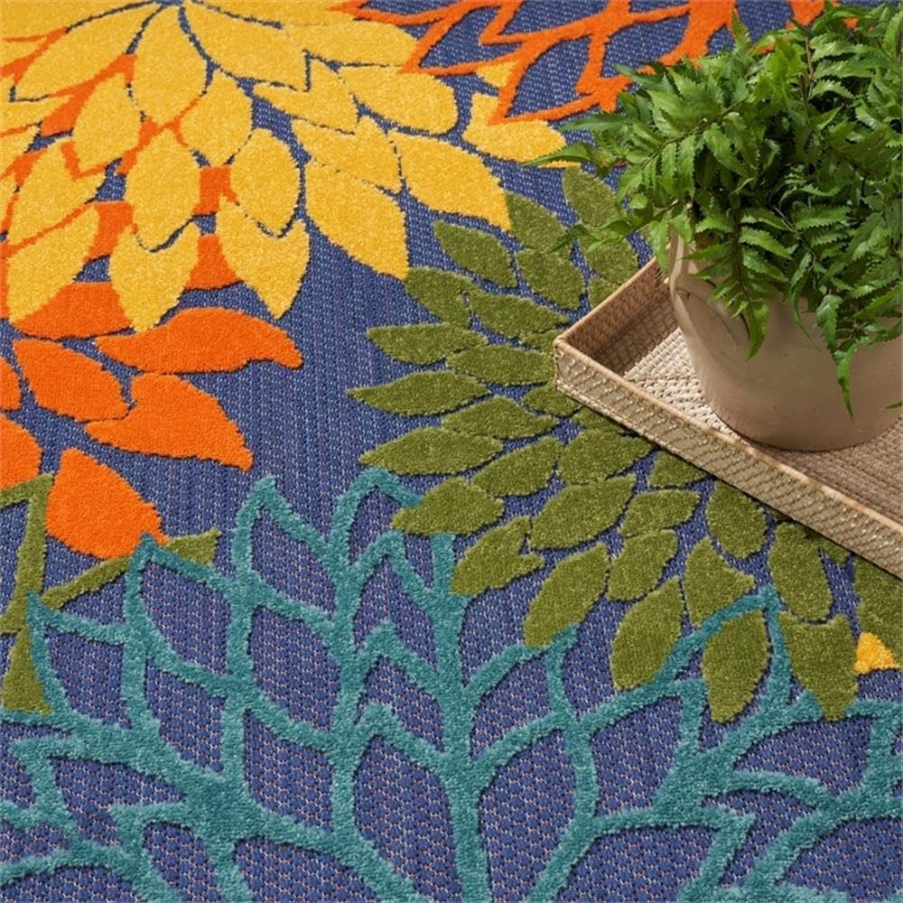 Pemberly Row Washable Outdoor Rug, 94x126 in, Polypropylene Fabric, Blue/Multi-Color Finish, Floral Design, Flat-Weave Textured Tropical Style, Stain-Resistant Patio, Deck, or Porch Rug