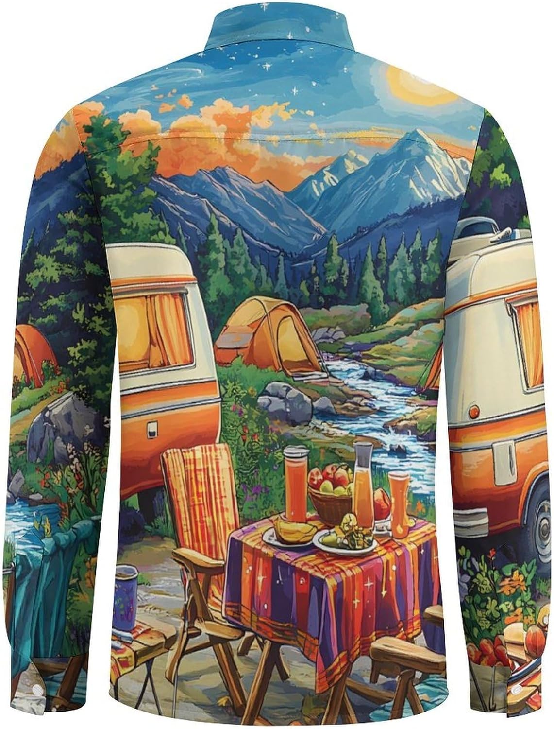 Camping And Sunset Long Sleeve Shirts Casual Dress Shirt Button-down T-shirts for Men