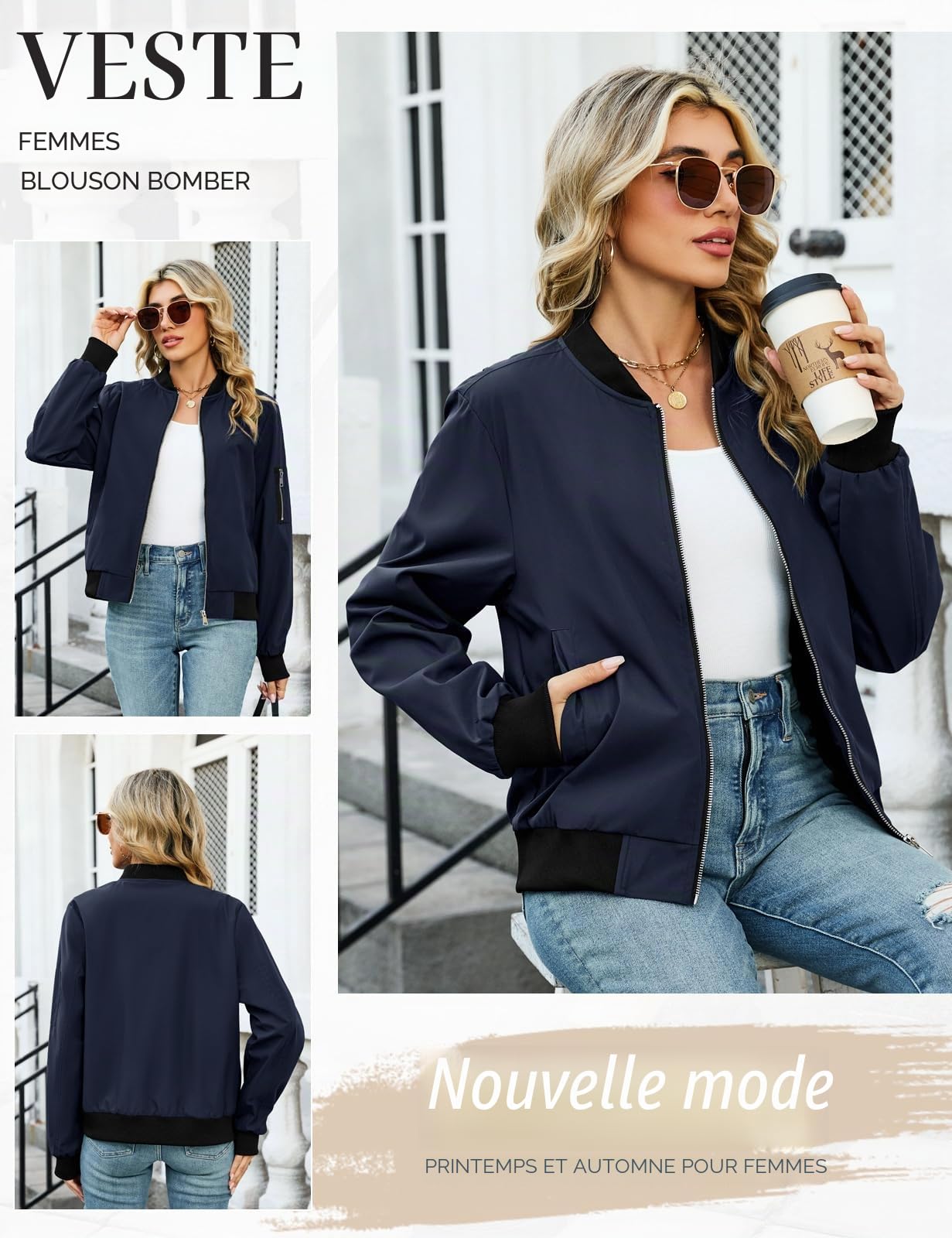 CMTOP Veste Bomber Femme Blouson Court Léger Manteau Décontracté mi Saison Pilote Manches Longues Zippé Sweatjacke Chic Printemps Automne avec Poches