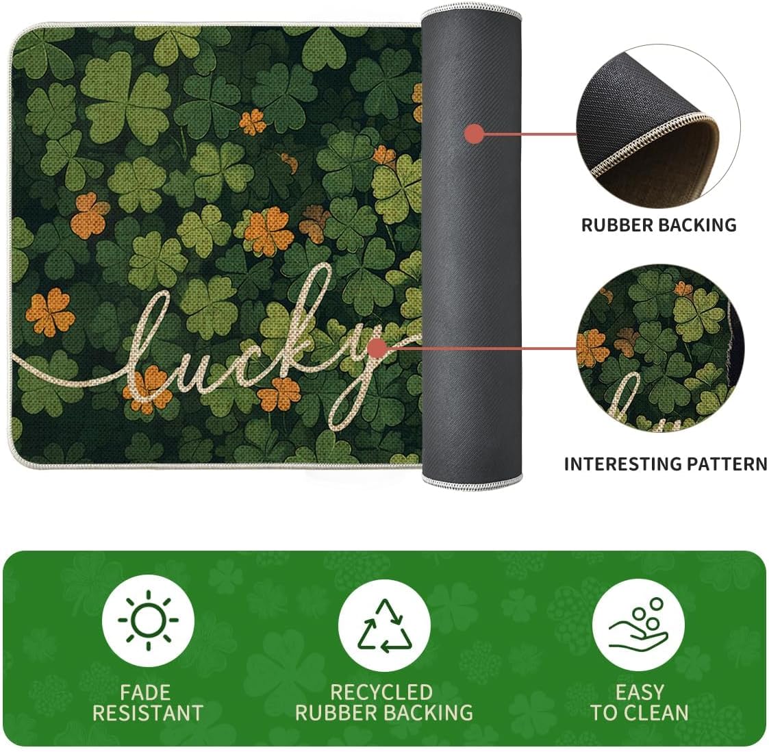 Artoid Mode Shamrock Lucky Black Cat St. Patrick's Day Kitchen Mats Set of 2, Home Decor Low-Profile Kitchen Rugs for Floor - 17x29 and 17x47 Inch