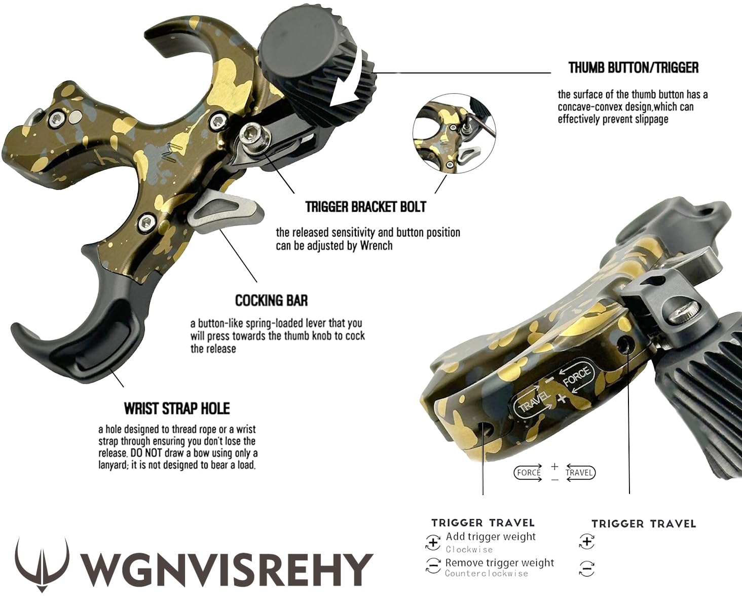WGNVISREHY Bow Release for Compound Bow, Adjustable 3/4 Finger Thumb Release Aid with Wrist Strap & Wrench, Aluminum Alloy Archery Release, Ambidextrous for Left & Right Hand, Hold up to 200lbs